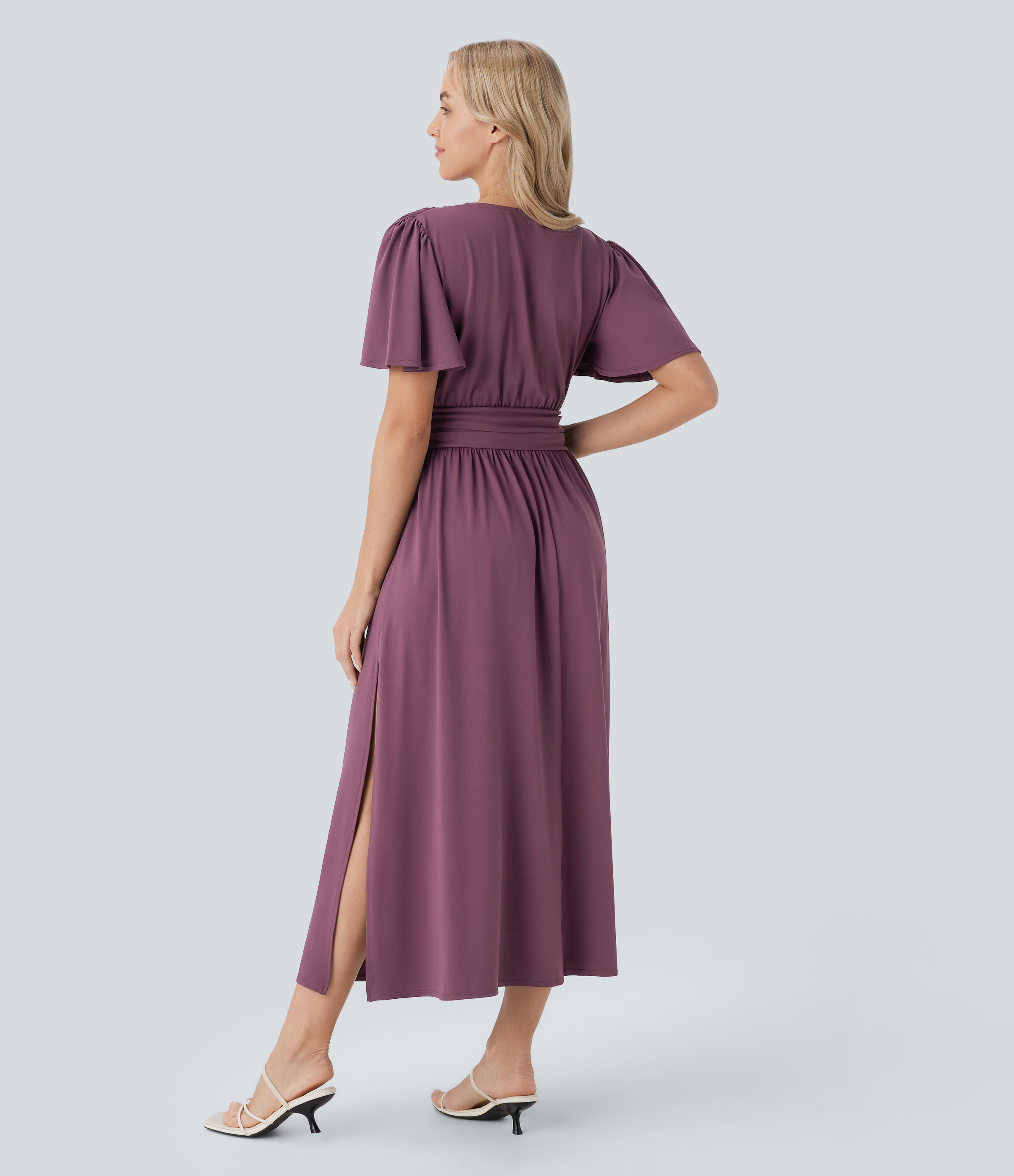 Plum Wine Vestido midi holgado cuello V manga corta drapeado abertura resort / 2