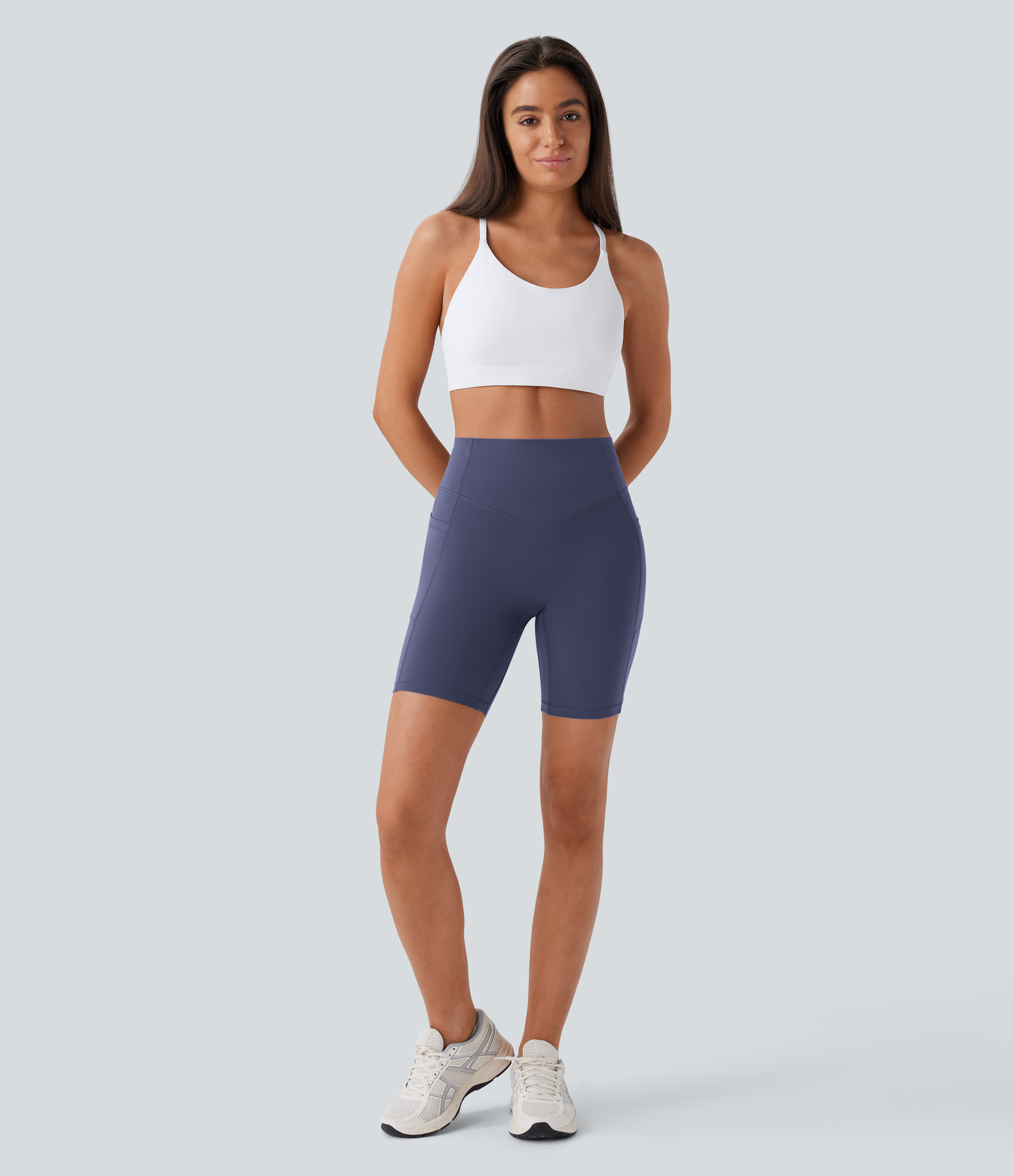 Halara SoCinched High Waisted Scrunch Butt Lifting Tummy Control Side Pocket Shaping Workout UltraSculpt Biker Shorts 7``  - Mood Indigo - M 