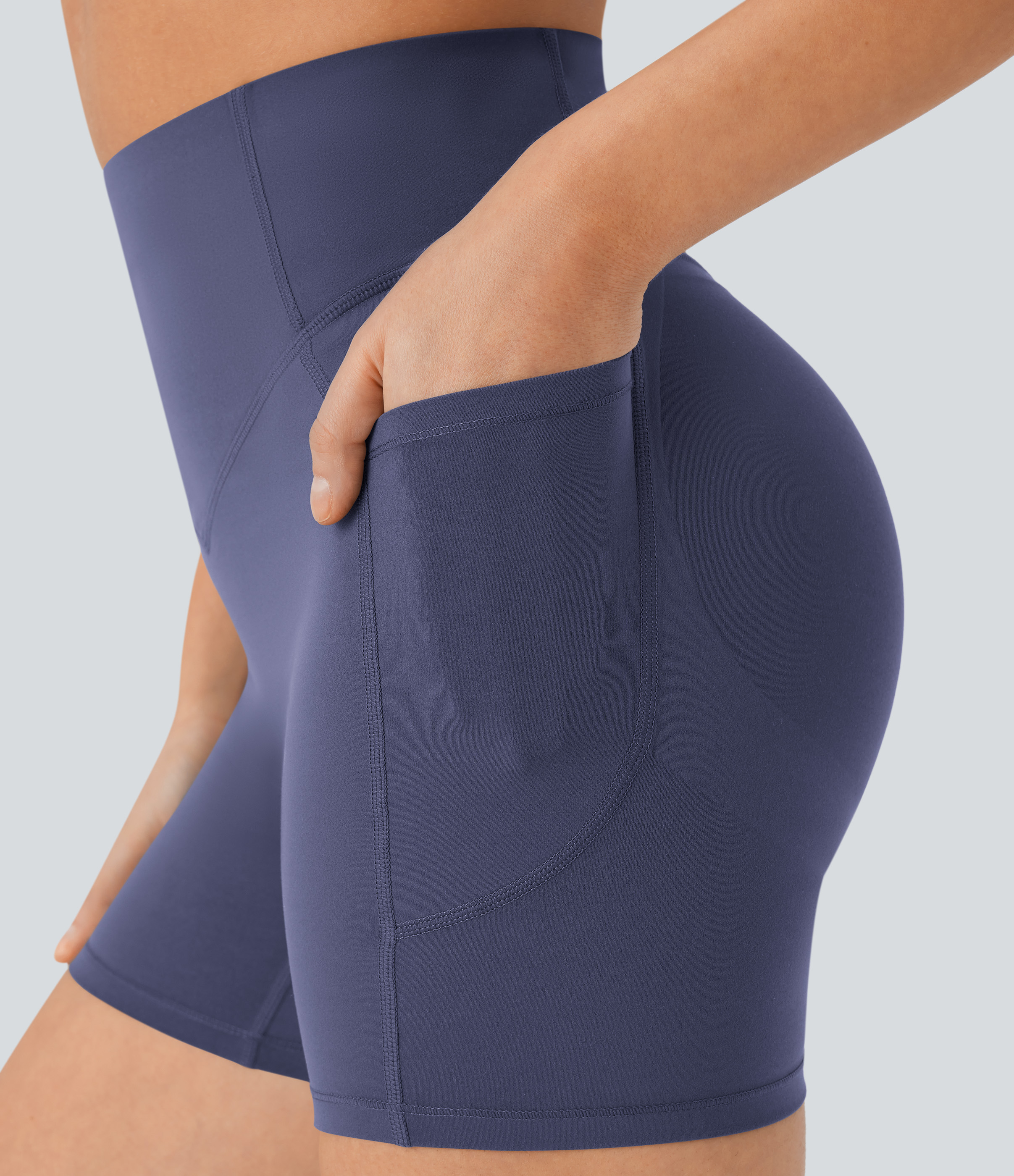 Halara SoCinched High Waisted Scrunch Butt Lifting Tummy Control Side Pocket Shaping Workout UltraSculpt Biker Shorts 5``  - Mood Indigo - L 