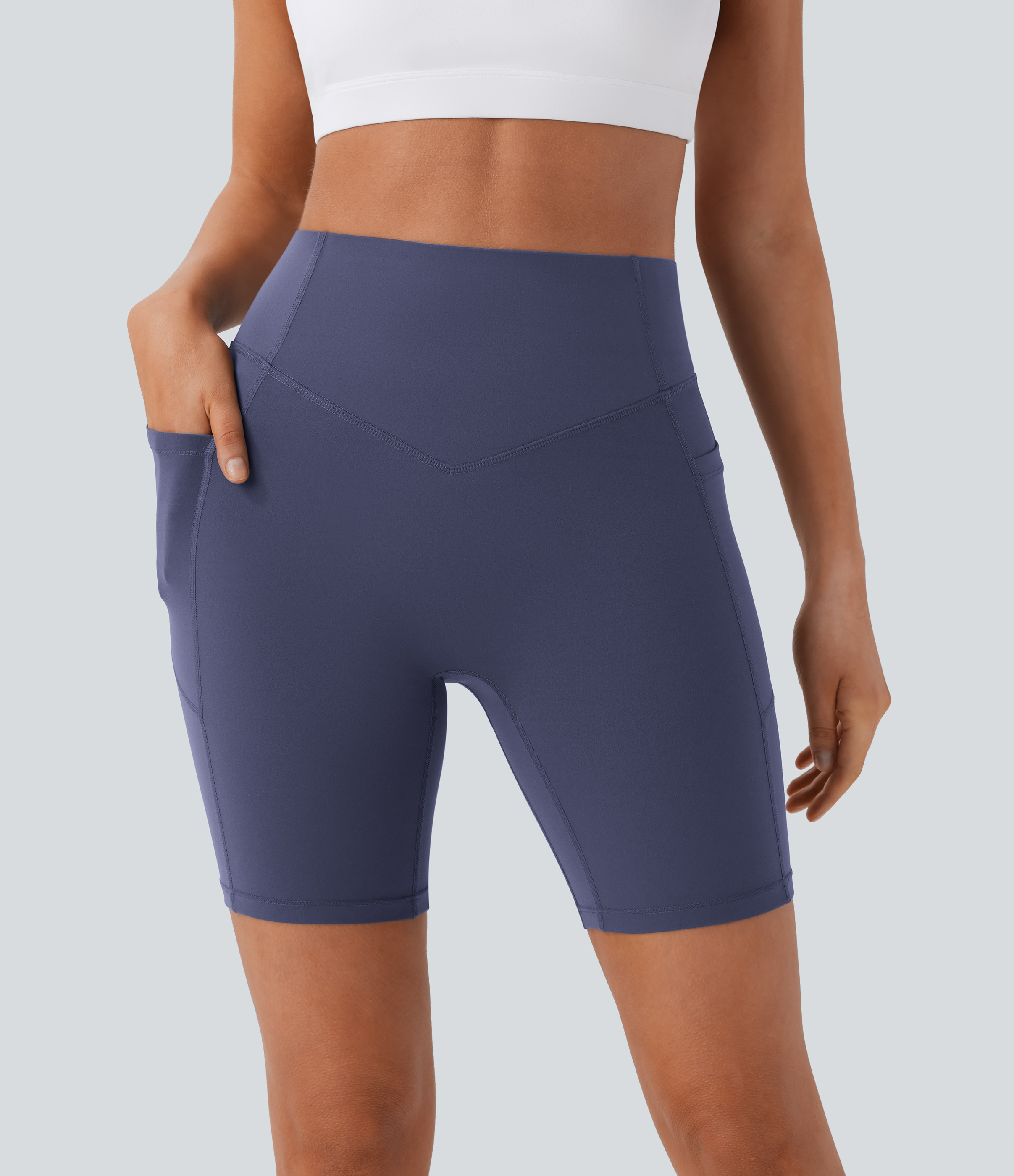 Halara SoCinched High Waisted Scrunch Butt Lifting Tummy Control Side Pocket Shaping Workout UltraSculpt Biker Shorts 7``  - Mood Indigo - M 