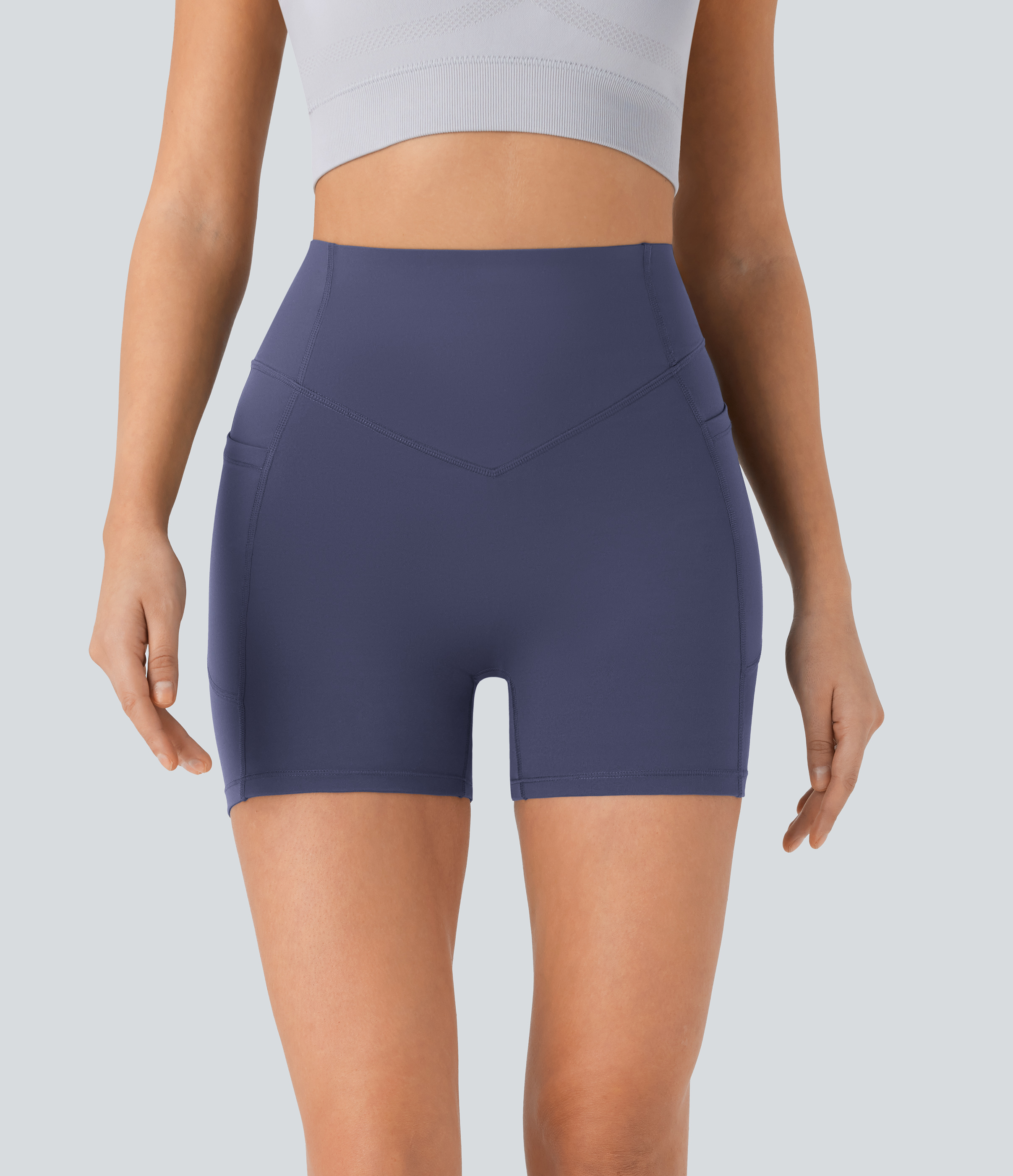 Halara SoCinched High Waisted Scrunch Butt Lifting Tummy Control Side Pocket Shaping Workout UltraSculpt Biker Shorts 5``  - Mood Indigo - L 