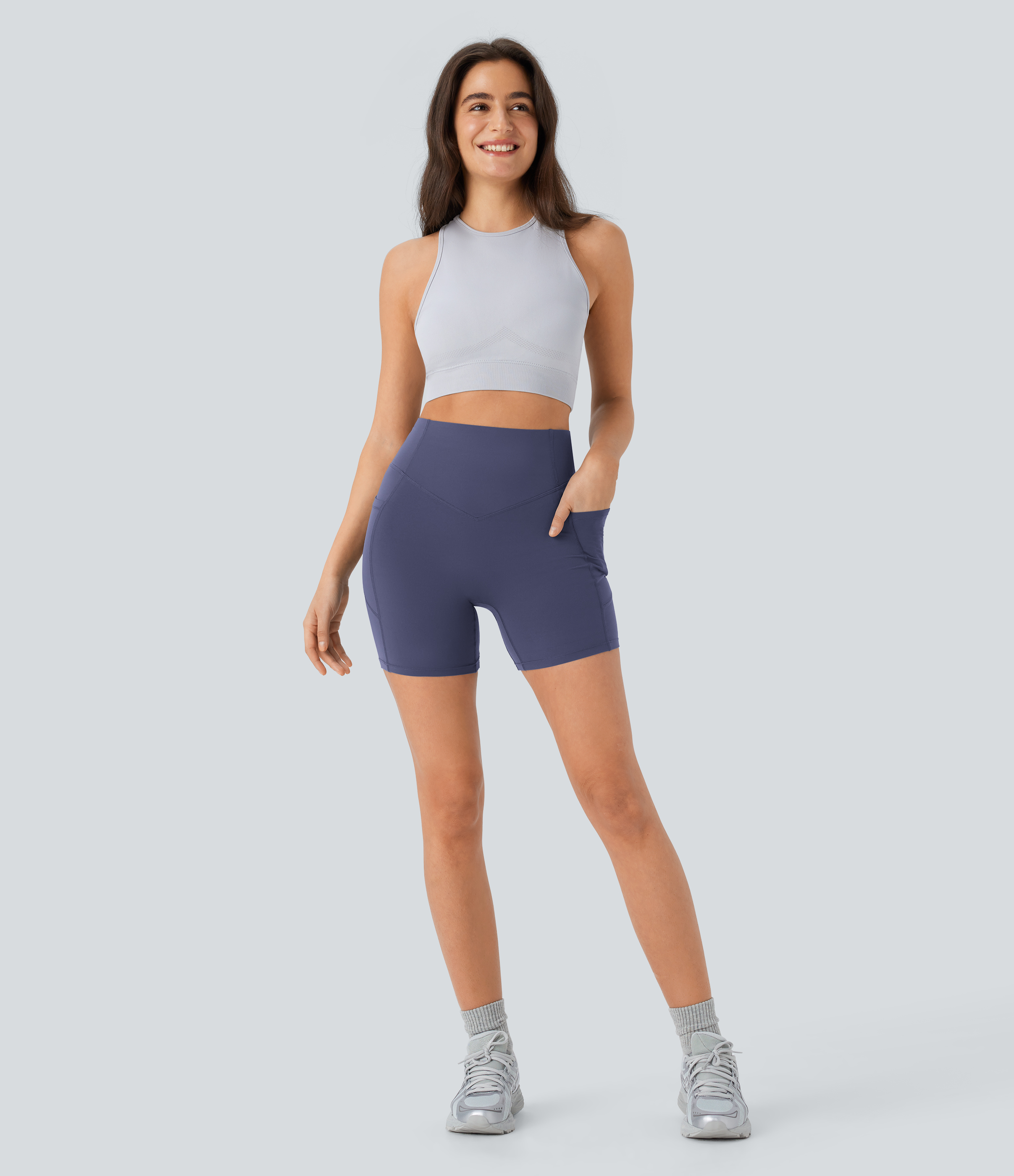Halara SoCinched High Waisted Scrunch Butt Lifting Tummy Control Side Pocket Shaping Workout UltraSculpt Biker Shorts 5``  - Mood Indigo - L 