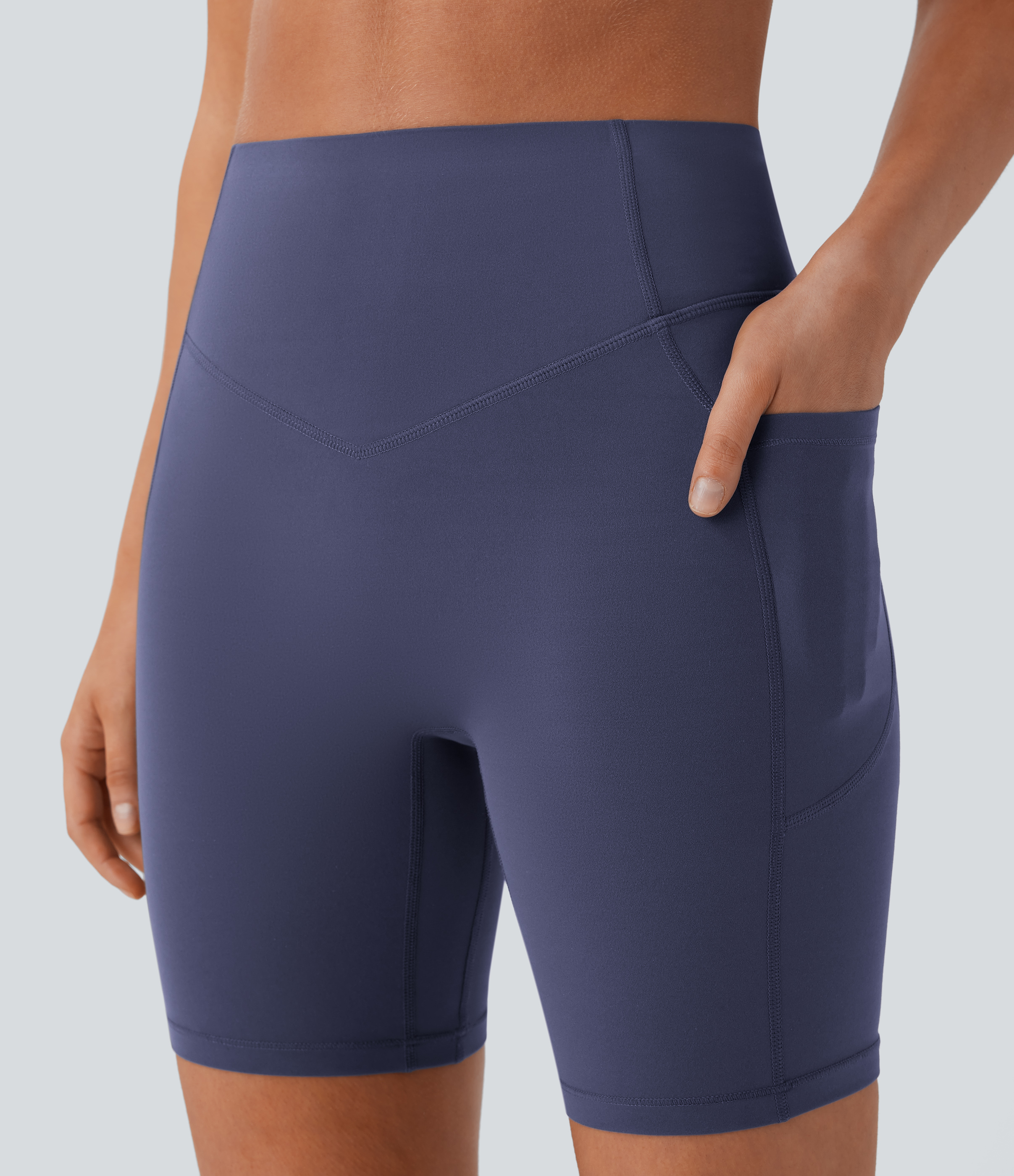 Halara SoCinched High Waisted Scrunch Butt Lifting Tummy Control Side Pocket Shaping Workout UltraSculpt Biker Shorts 7``  - Mood Indigo - M 