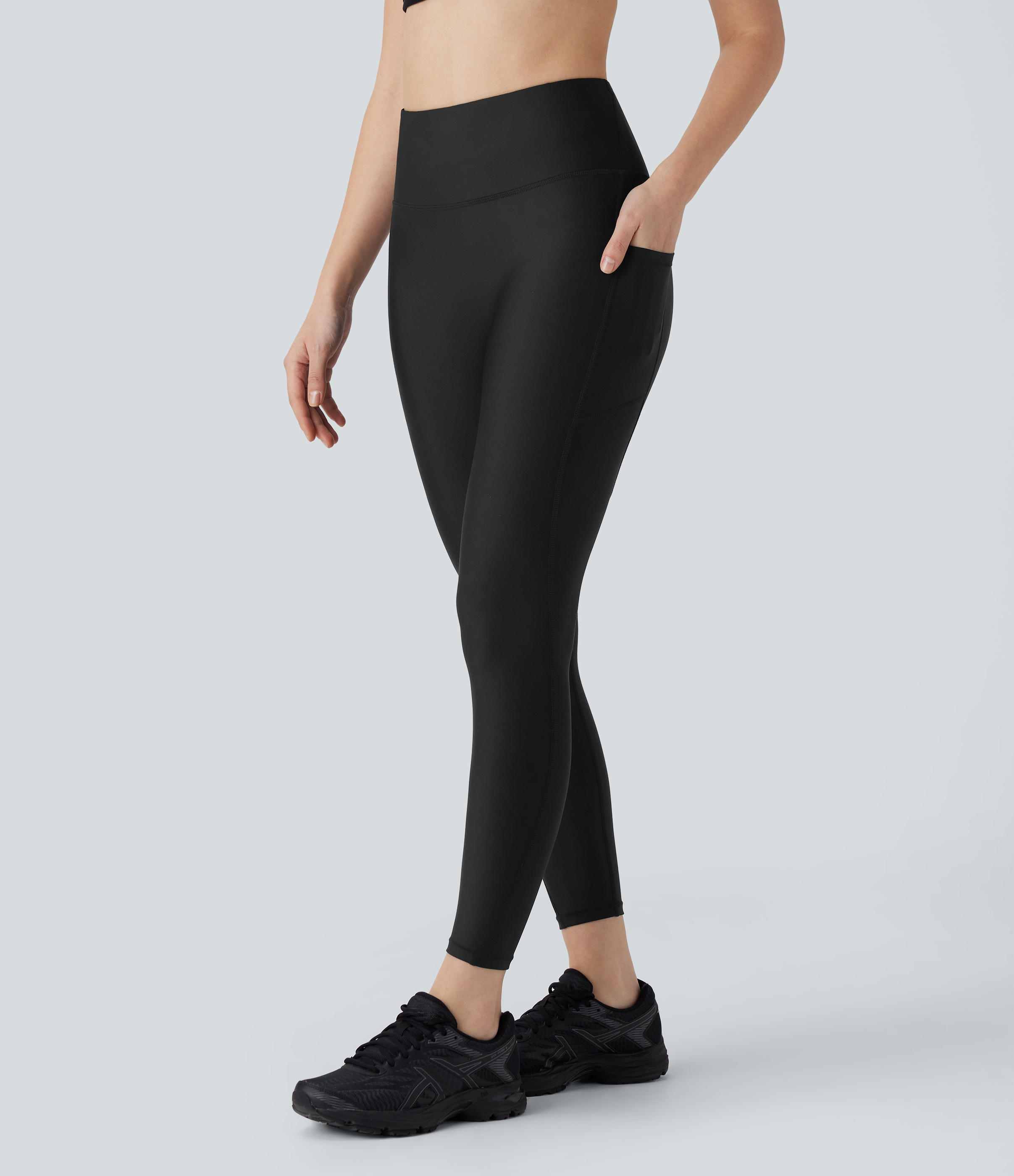 Halara High Waisted Side Pocket Sheen Workout Leggings  - Black - M(7/8) gym leggings leggings with pockets leggings with butt lift 