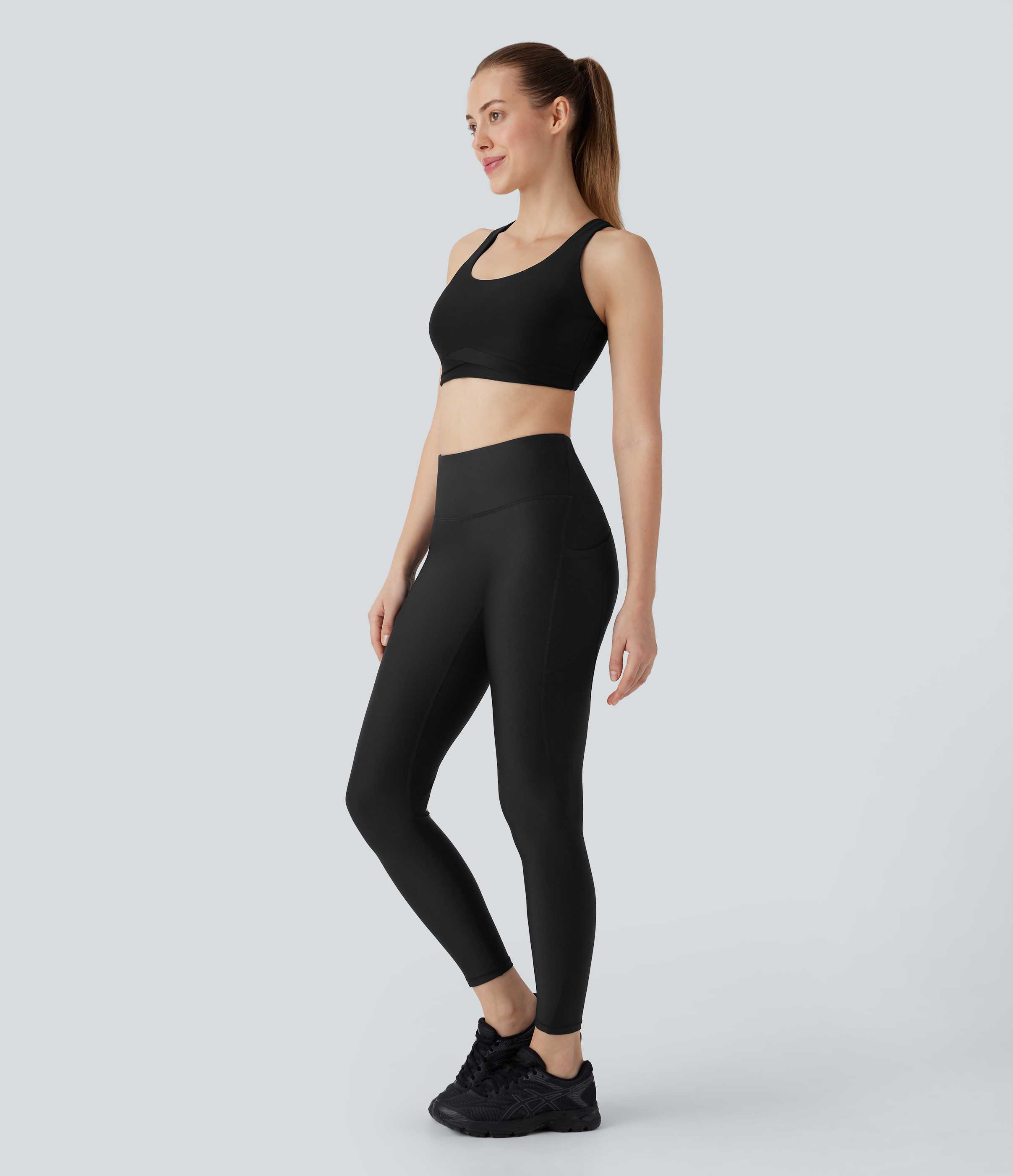 Halara High Waisted Side Pocket Sheen Workout Leggings  - Black - M(7/8) gym leggings leggings with pockets leggings with butt lift 
