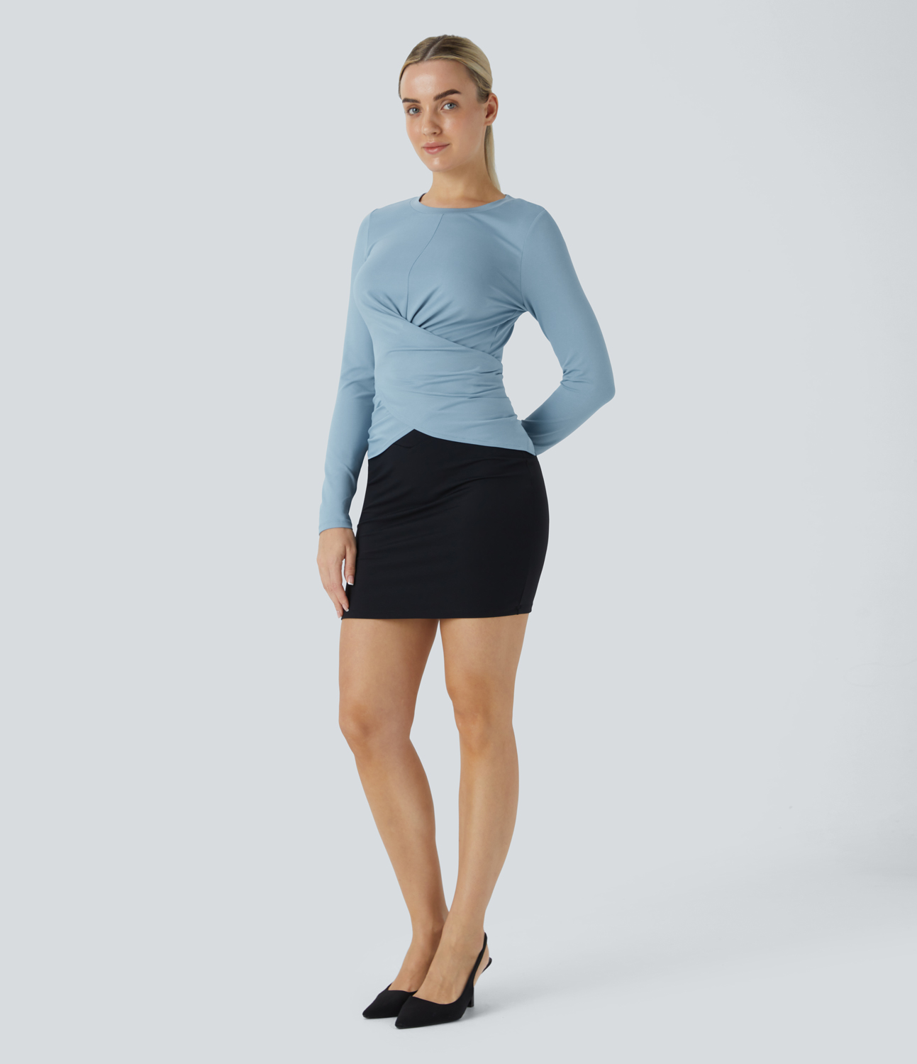 Halara Long Sleeve Crossover Hem Adjustable Button Work Top  - Moon ice blue - S 