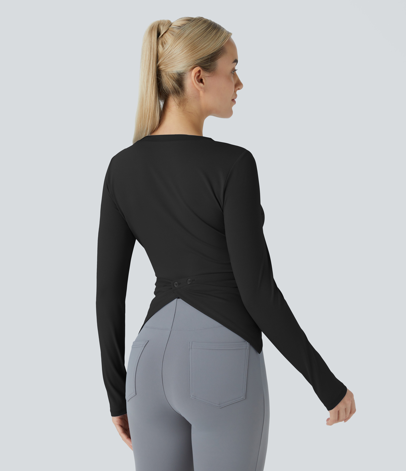 Halara Long Sleeve Crossover Hem Adjustable Button Work Top  - Black - XS 