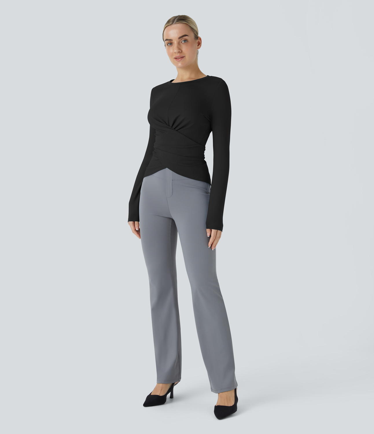 Halara Long Sleeve Crossover Hem Adjustable Button Work Top  - Black - XS 