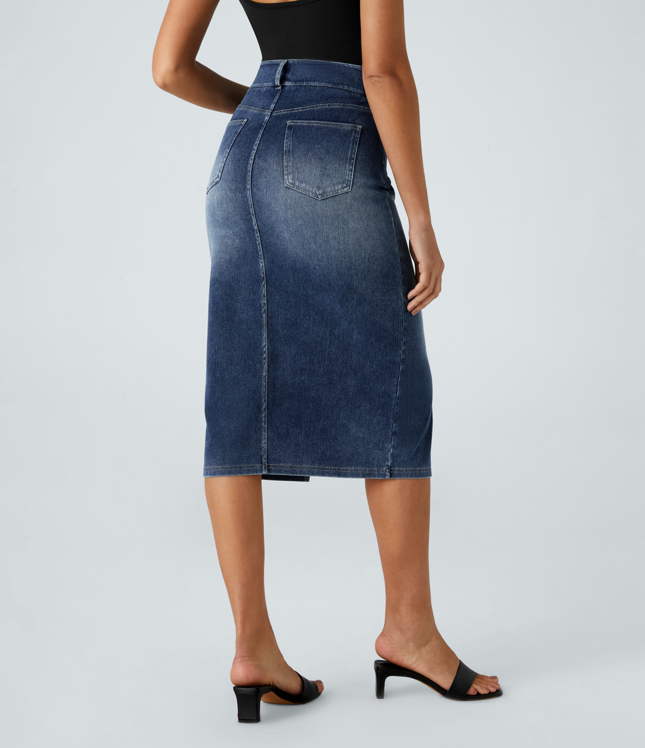 

Halara HalaraMagicв„ў High Waisted Multiple Pockets Bodycon Split Washed Stretchy Knit Denim Casual Midi Skirt - Royal Blue Denim