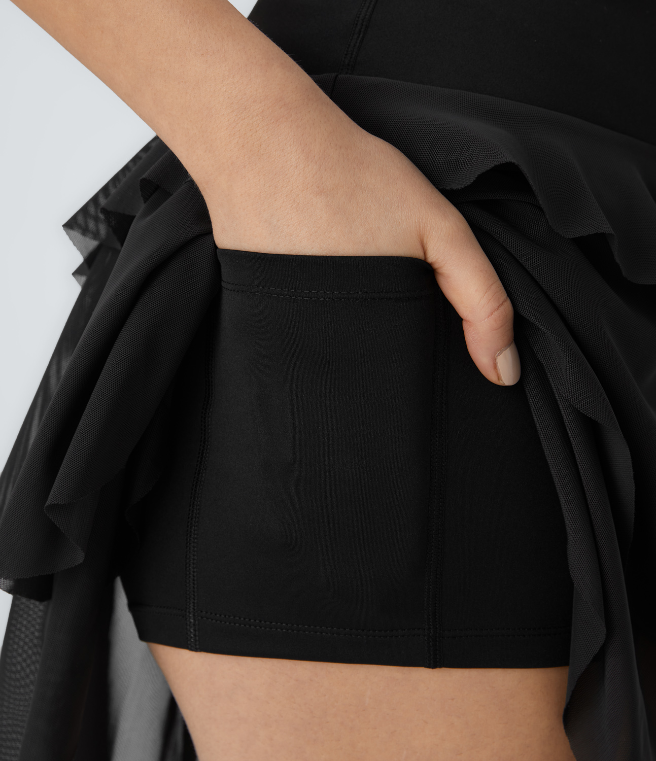 Halara High Waisted 2-in-1 Side Pocket Contrast Mesh Layered Flowy Mini Skirt  - Black - M(regular) midi skirt a line skirt golfing skirt 