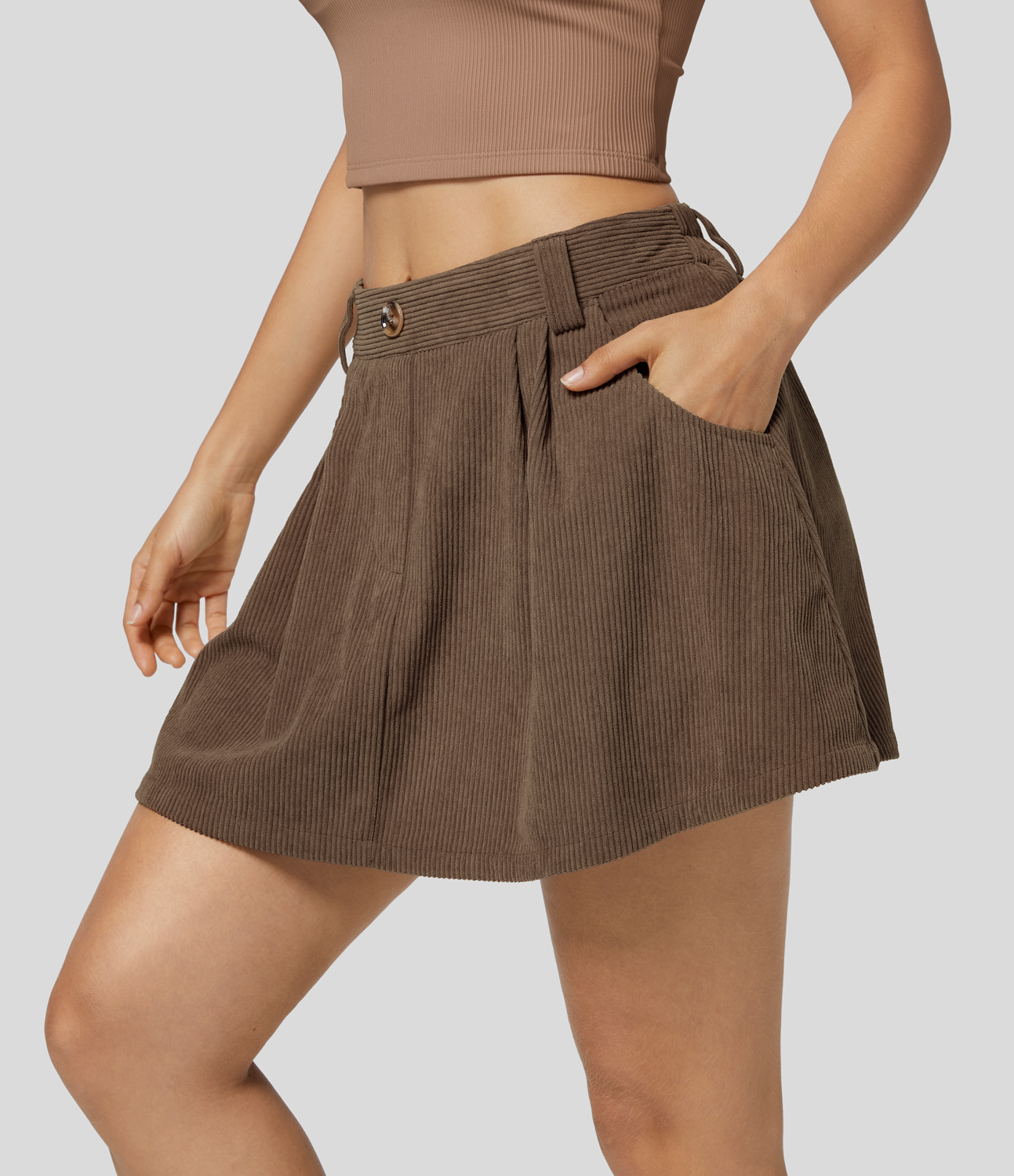 Halara Mid Rise Button Side Pocket 2-in-1 Corduroy Flare Mini Casual Skirt  - Cocoa Brown - L(regular) 
