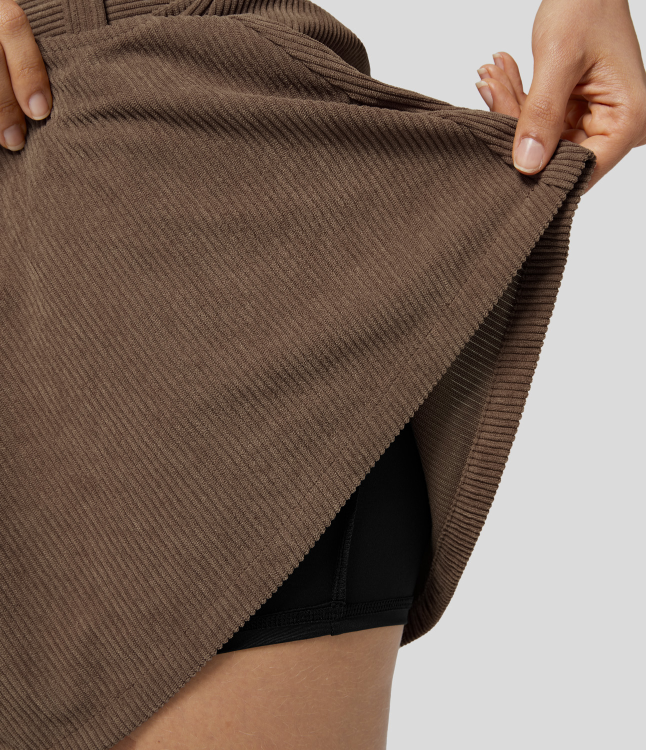 Halara Mid Rise Button Side Pocket 2-in-1 Corduroy Flare Mini Casual Skirt  - Cocoa Brown - L(regular) 