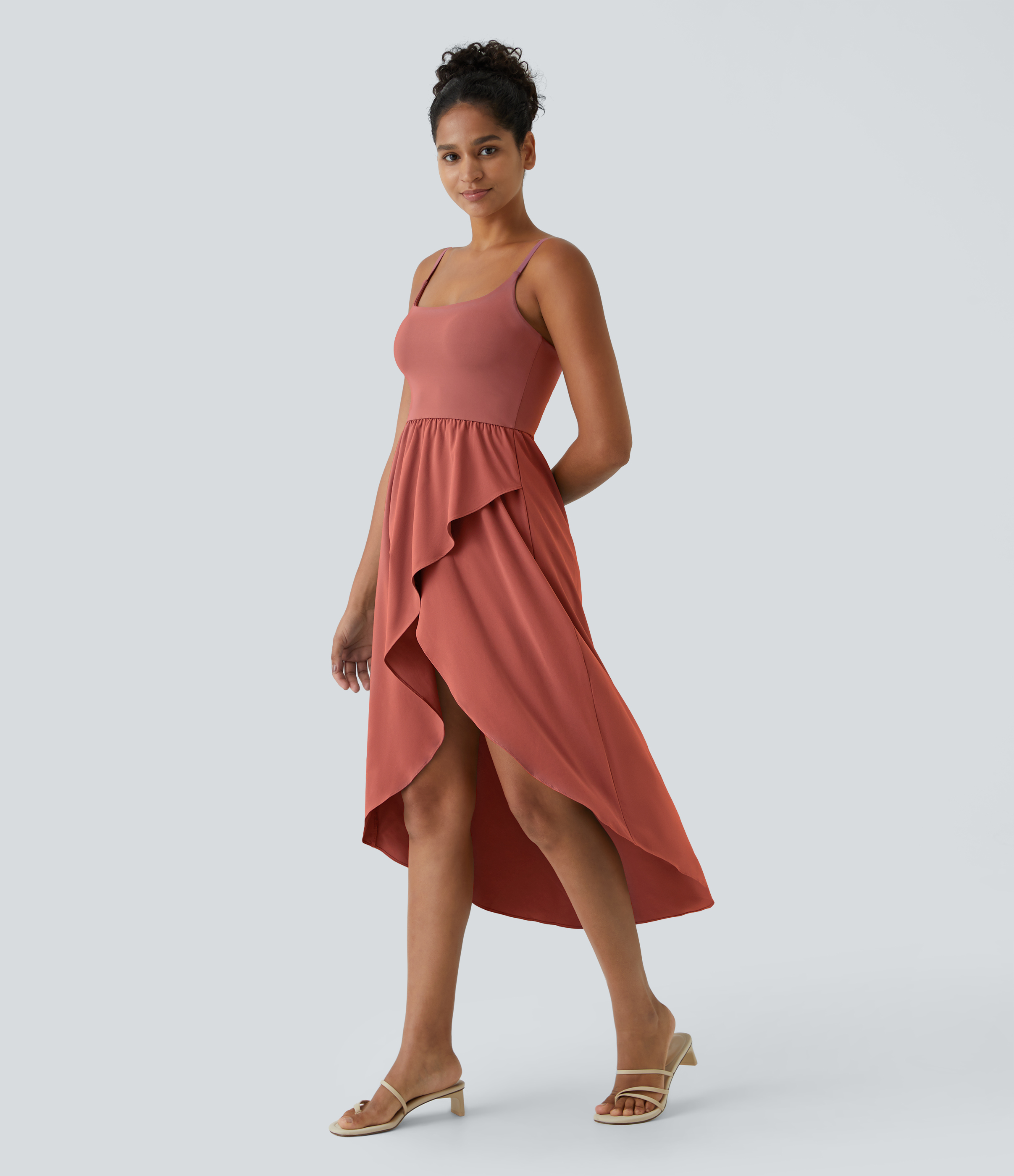 Halara Breezefulв„ў Backless Asymmetric Crossover Hem 2-Piece Side Pocket Flowy Midi Quick Dry Casual Dress Casual Dress - Rouge Dark Red - XS 