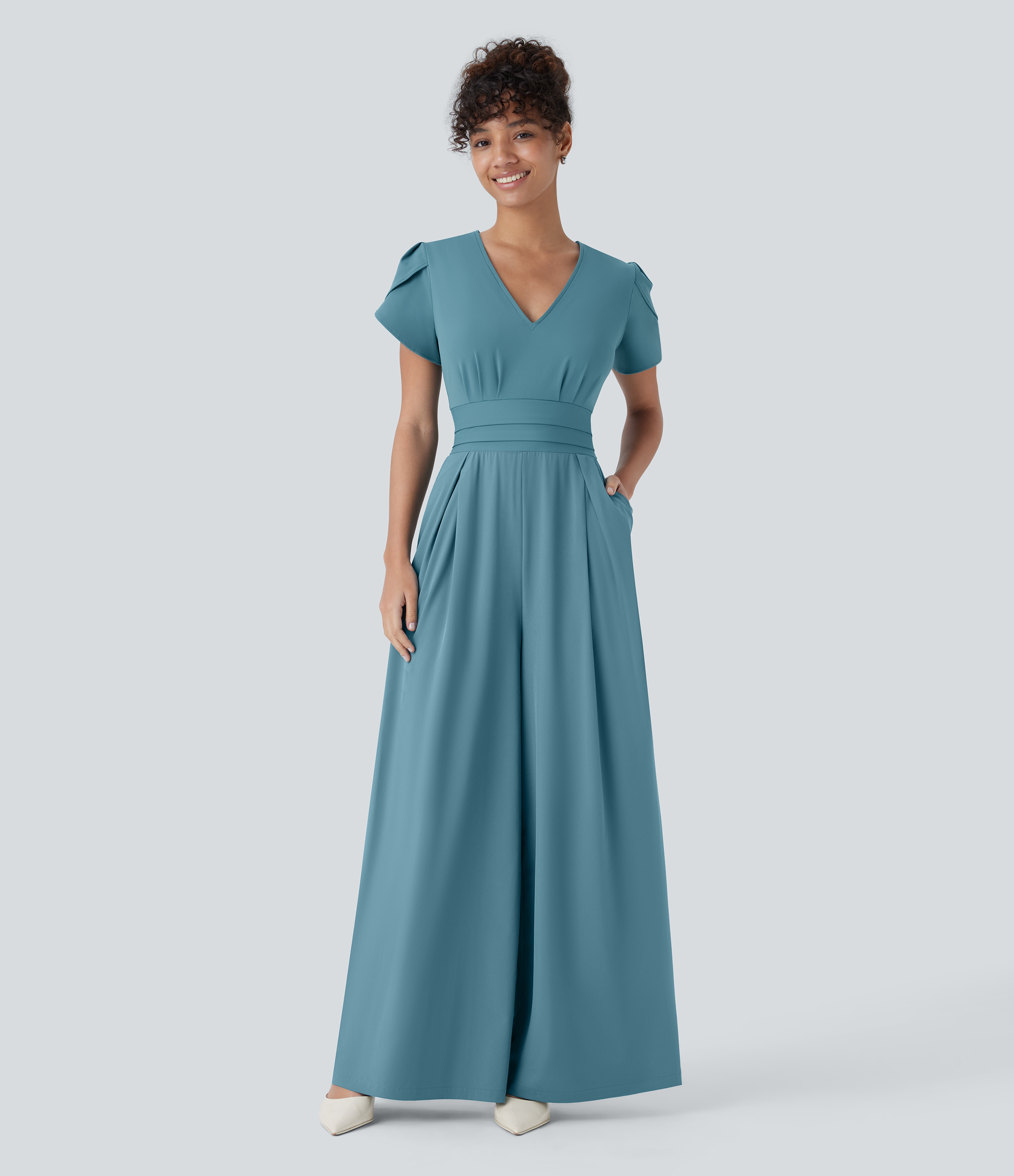 Breezeful™ V Neck Petal Sleeve Invisible Zipper Side Pocket Wide Leg Flowy Quick Dry Work Jumpsuit
