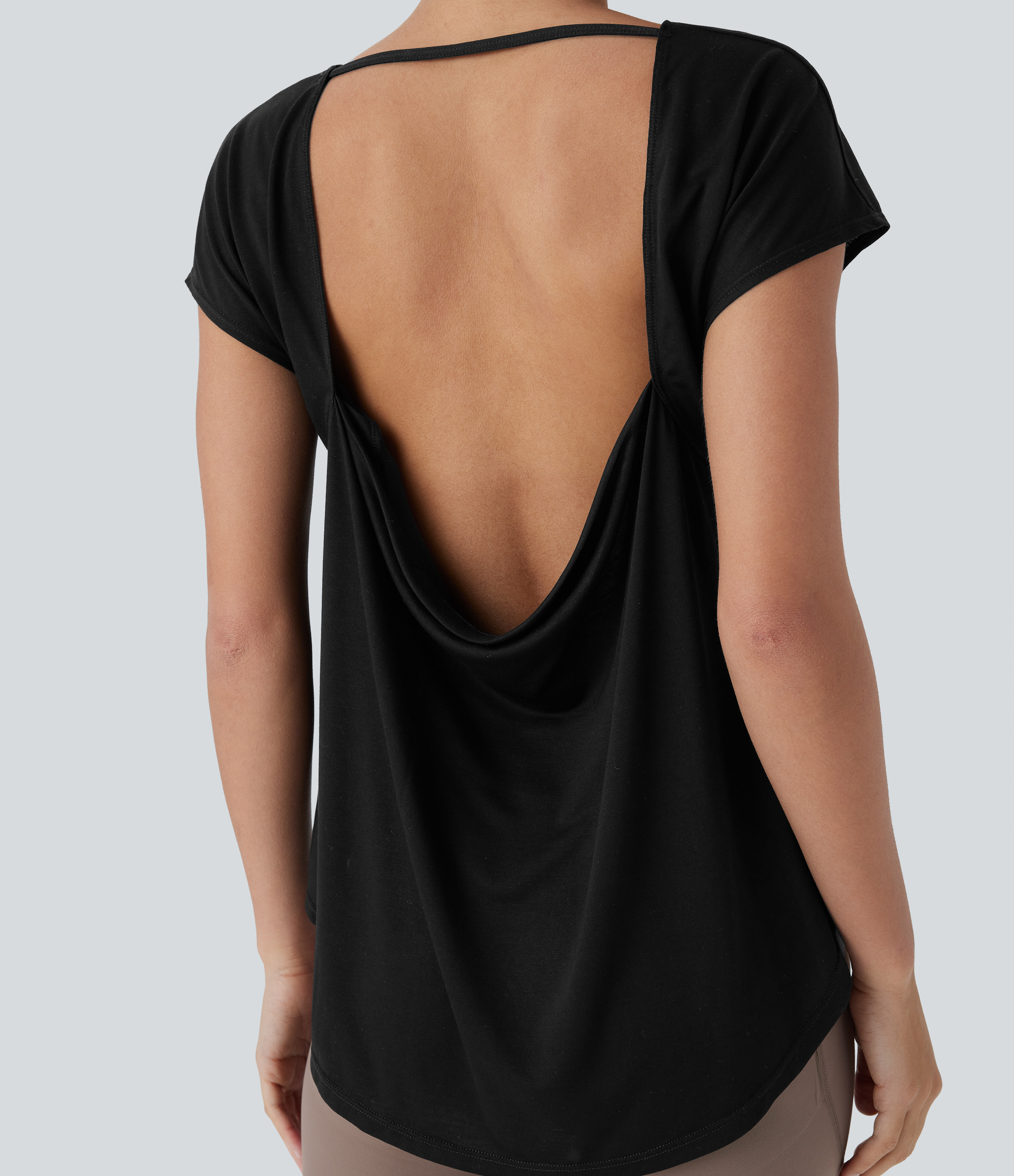 Halara Backless Cowl Back Short Sleeve Curved Hem Yoga Sports Top  - Black - L 