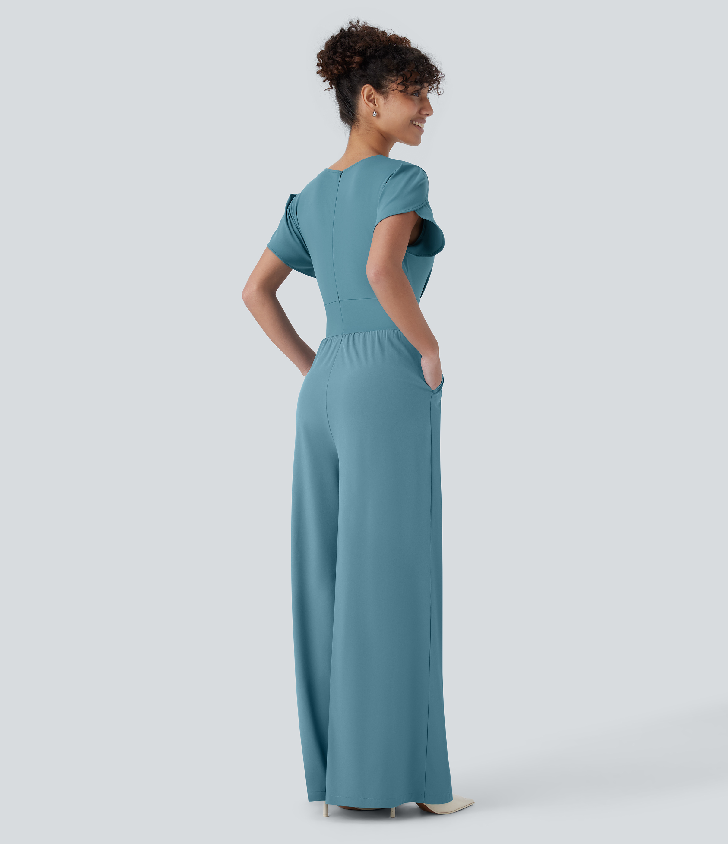 Stone Blue Mono Breezeful™ oficina fluido secado rápido pierna ancha bolsillo lateral cremallera invisible mangas pétalo cuello V / 2