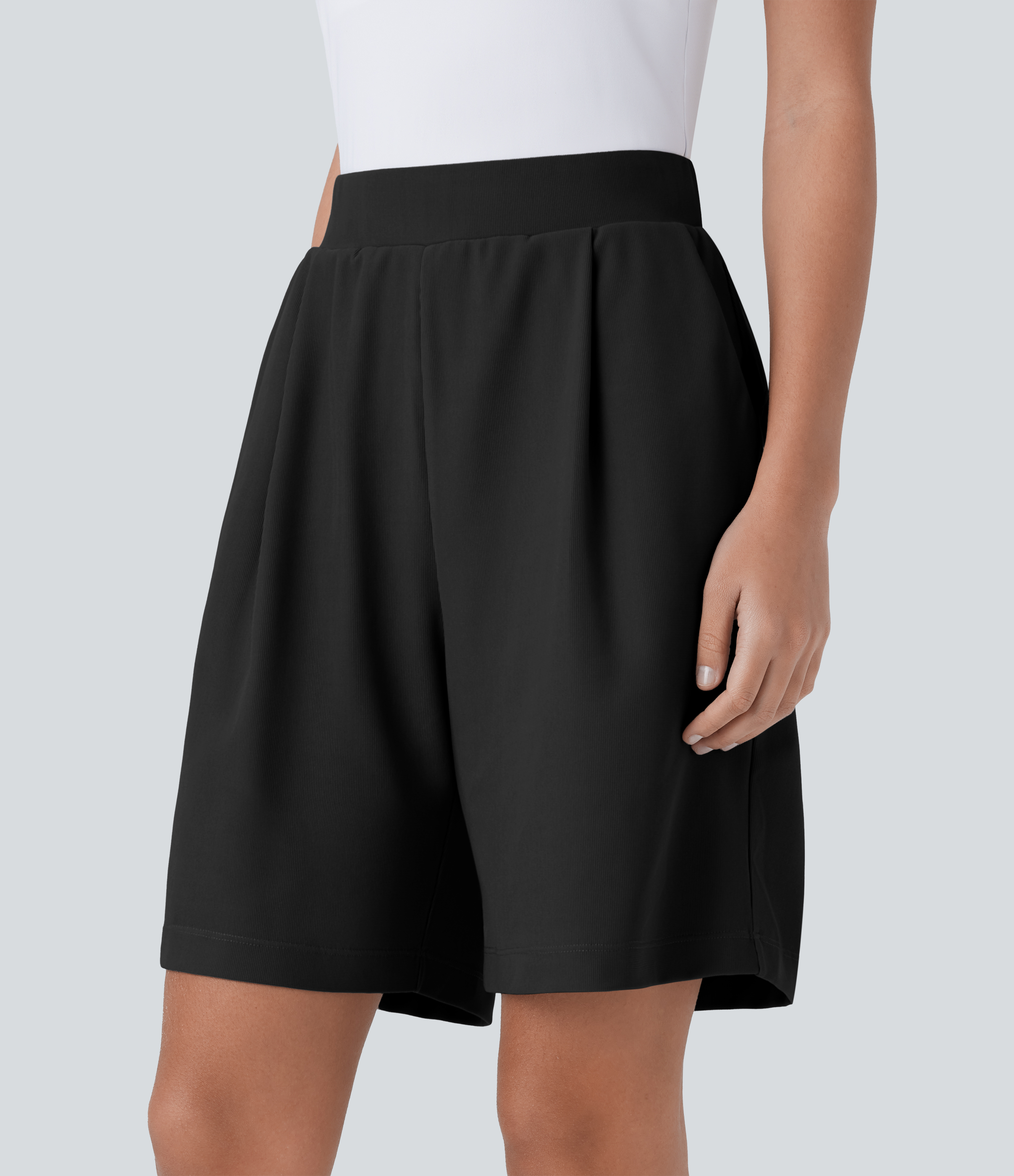 Halara High Waisted Body Sculpt Waist-Slimming Side Pocket Micro Waffle Work Shorts  - Black - S 