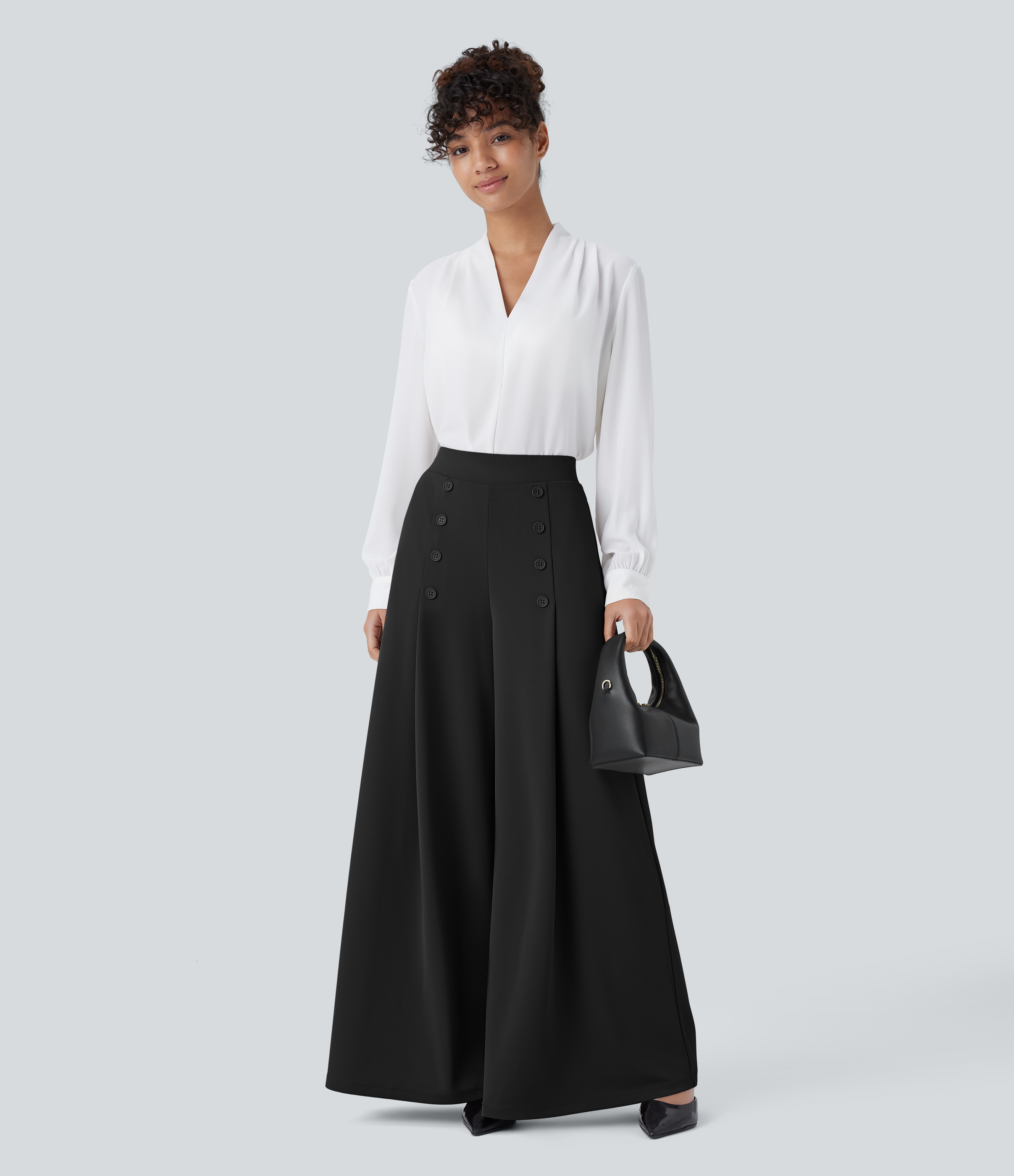 Halara High Waisted Decorative Button Side Pocket Palazzo Wide Leg Work Pants  - Black - XS(regular) sweatpants jogger pants 