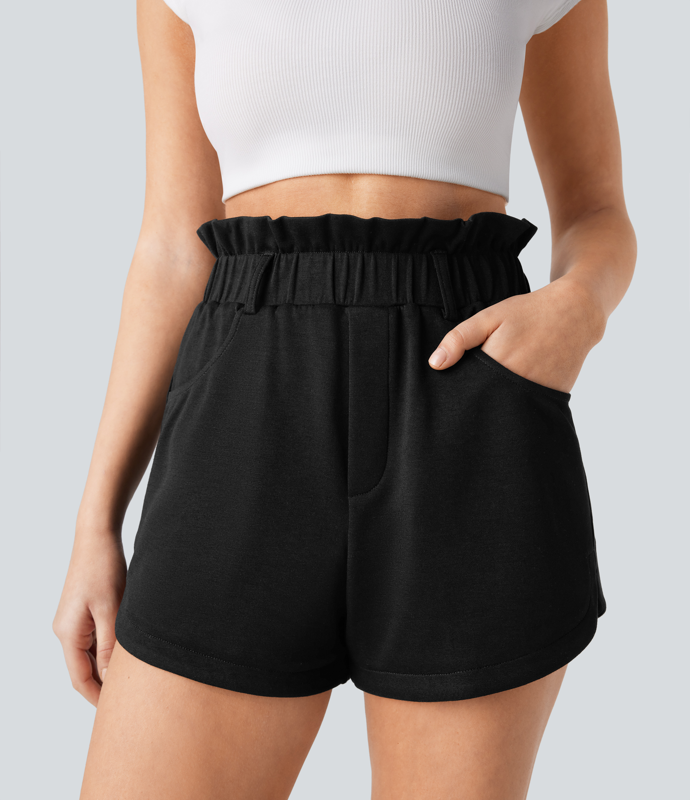 Halara Super High Waisted Ruffle Side Pocket Curved Hem Casual Shorts Gym Short - Black - XL booty shorts compression shorts yoga shorts 