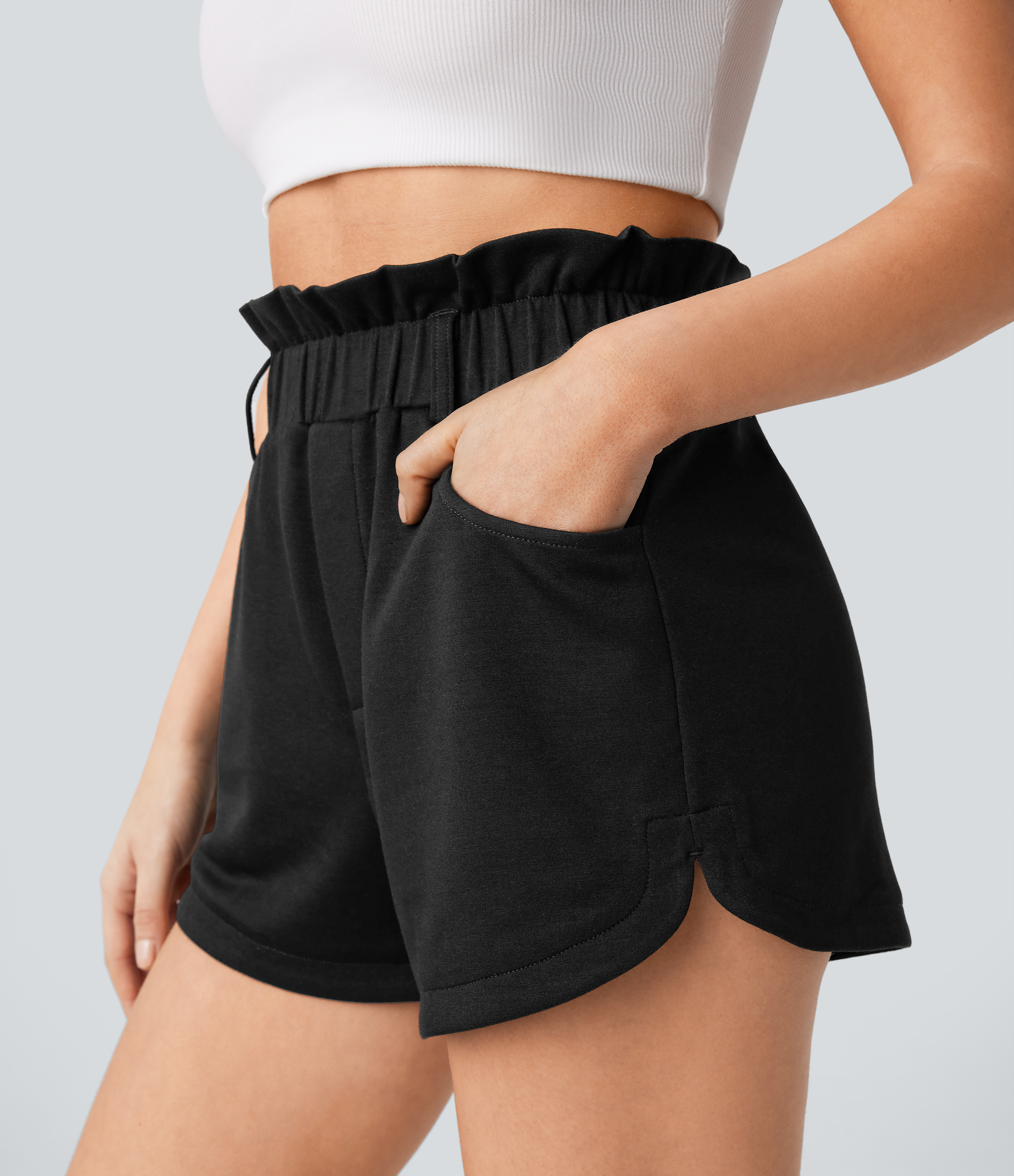 Halara Super High Waisted Ruffle Side Pocket Curved Hem Casual Shorts Gym Short - Black - XL booty shorts compression shorts yoga shorts 