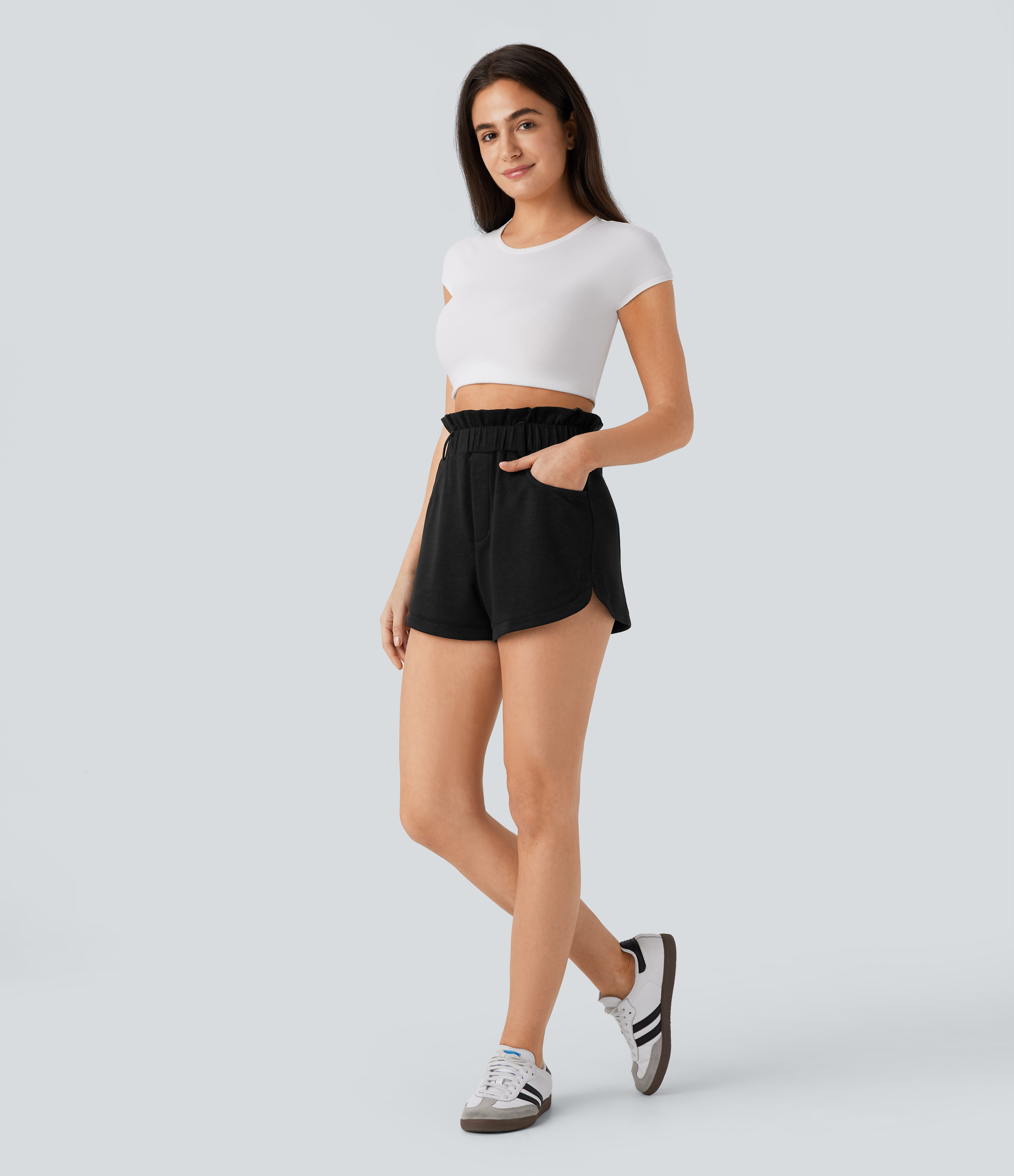 Halara Super High Waisted Ruffle Side Pocket Curved Hem Casual Shorts Gym Short - Black - XL booty shorts compression shorts yoga shorts 
