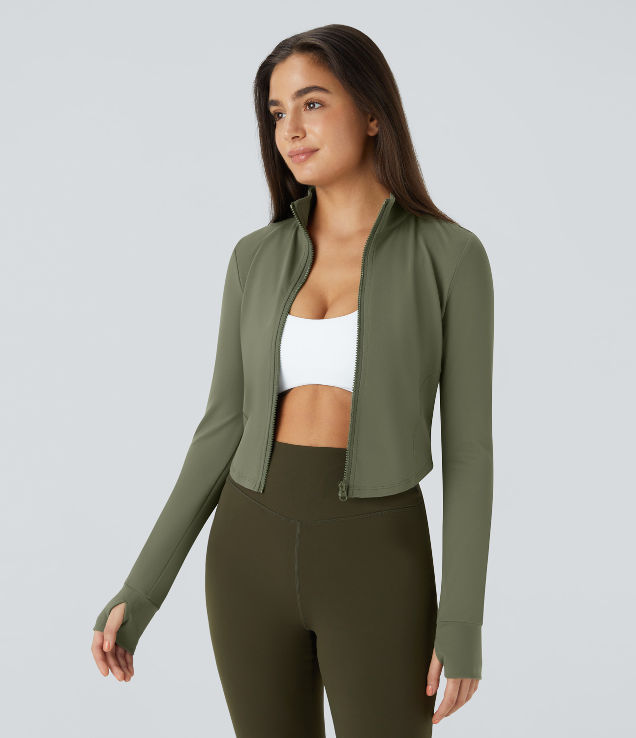 Halara Mock Neck Zip Front Thumb Hole Cropped Golf Jacket  - Wild Grass Green - L 