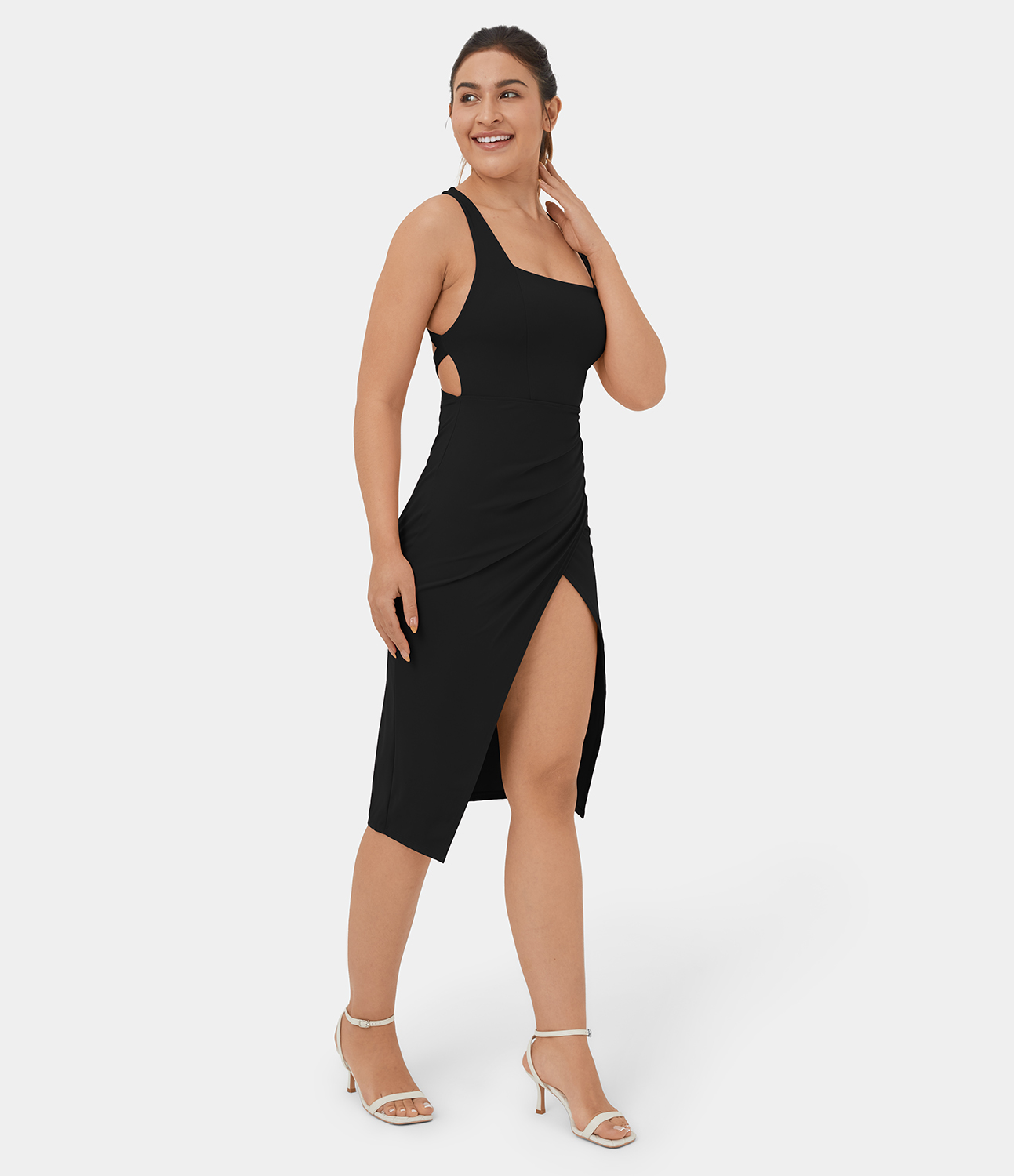Halara Softlyzeroв„ў Airy Ruched Split Asymmetric Backless Crisscross Bodycon Midi Cool Touch Casual Dress Casual Dress - Black - S slip dress 