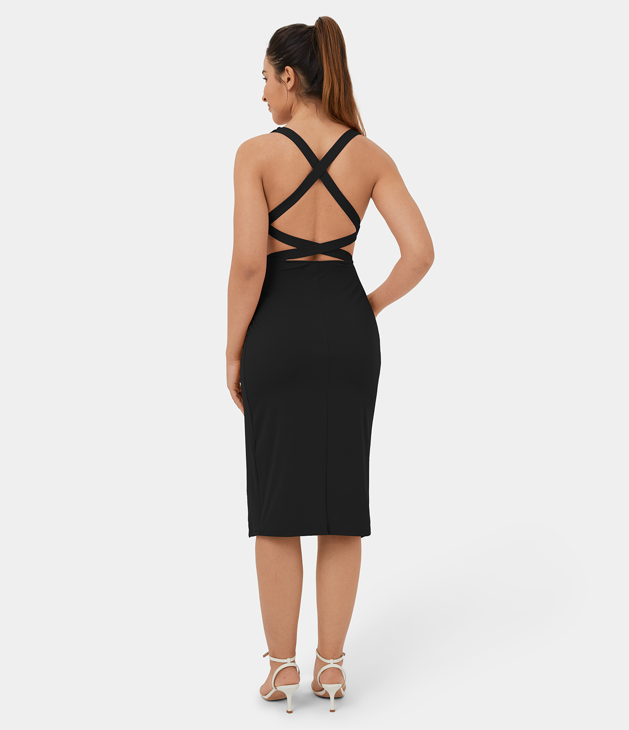 Halara Softlyzeroв„ў Airy Ruched Split Asymmetric Backless Crisscross Bodycon Midi Cool Touch Casual Dress Casual Dress - Black - S slip dress 