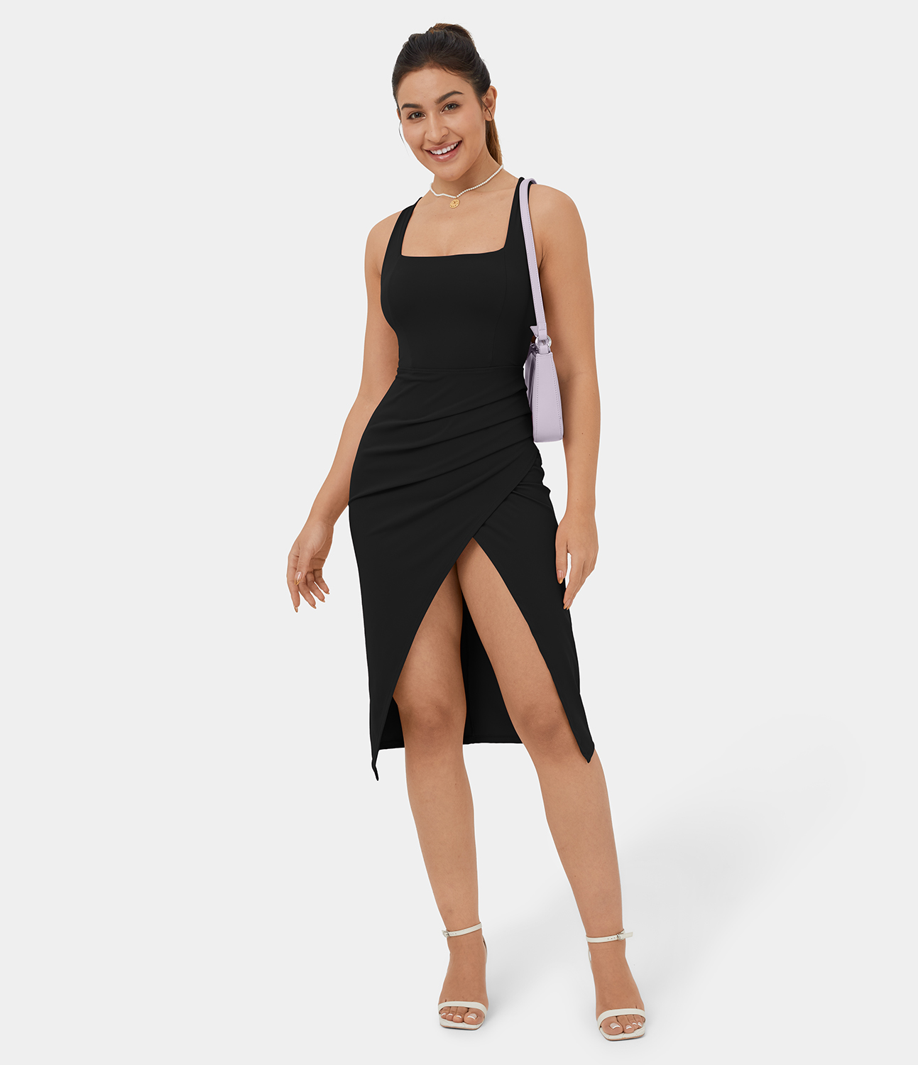 Halara Softlyzeroв„ў Airy Ruched Split Asymmetric Backless Crisscross Bodycon Midi Cool Touch Casual Dress Casual Dress - Black - S slip dress 