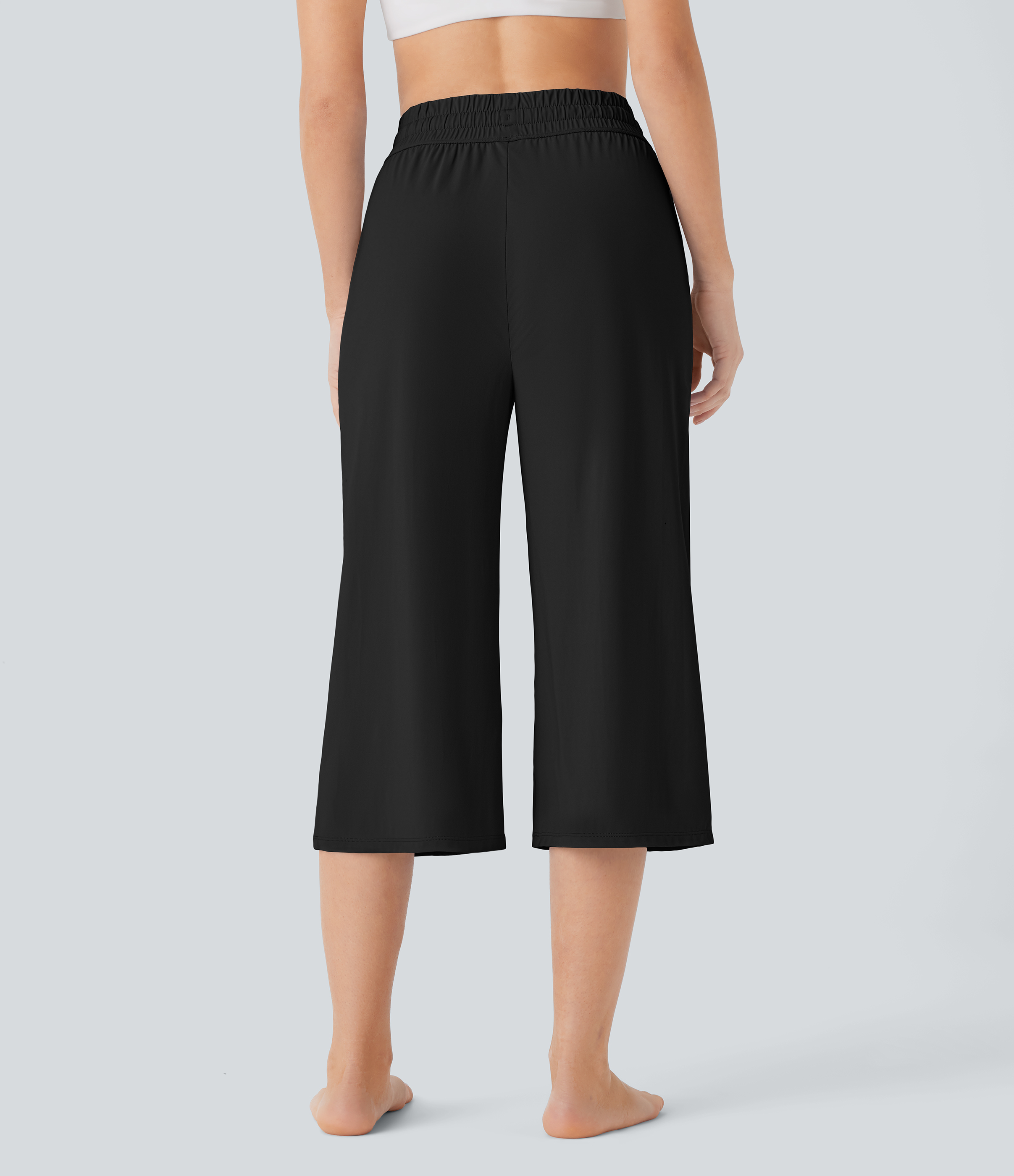 Halara High Waisted Drawstring Multiple Pockets Wide Leg Cool Touch Yoga Capri Pants  - Black - L 
