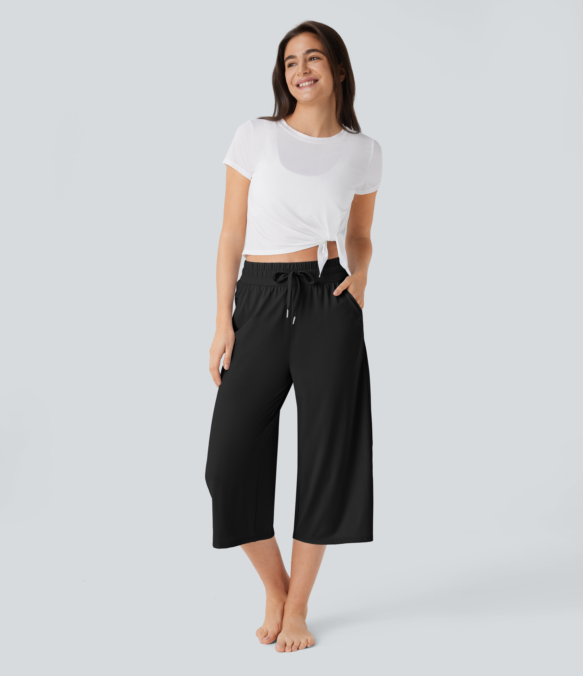 Halara High Waisted Drawstring Multiple Pockets Wide Leg Cool Touch Yoga Capri Pants  - Black - L 