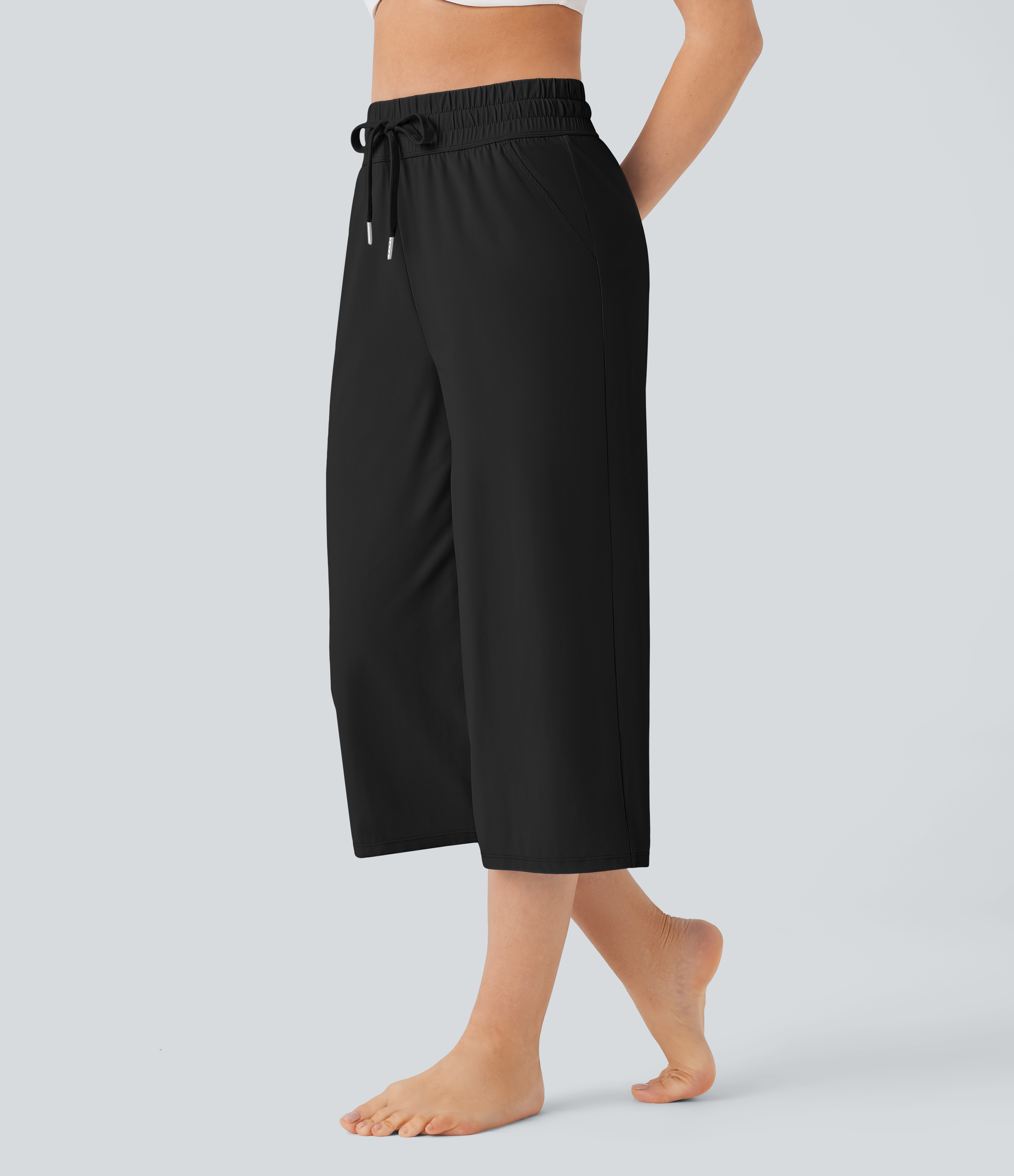Halara High Waisted Drawstring Multiple Pockets Wide Leg Cool Touch Yoga Capri Pants  - Black - L 