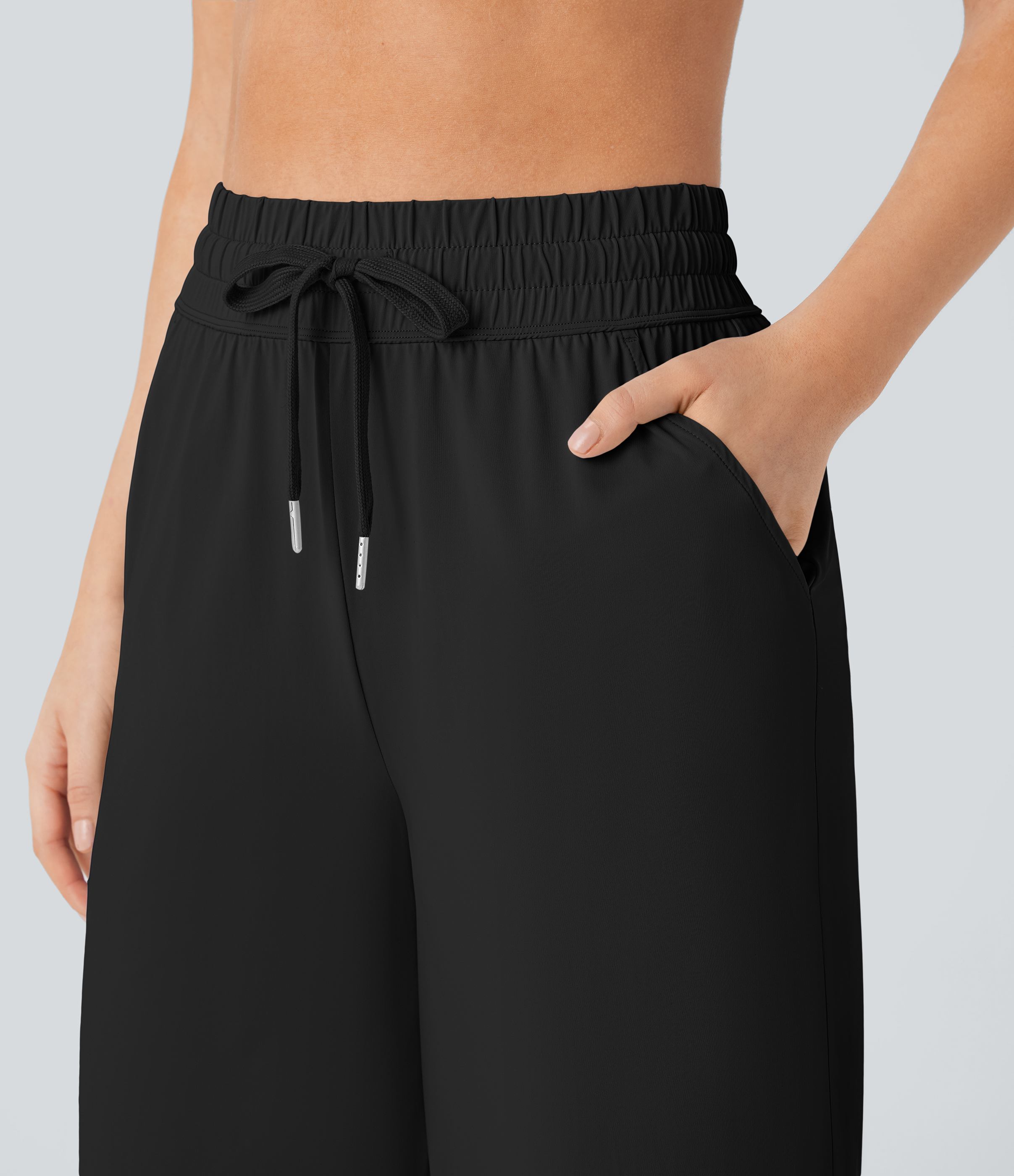 Halara High Waisted Drawstring Multiple Pockets Wide Leg Cool Touch Yoga Capri Pants  - Black - L 