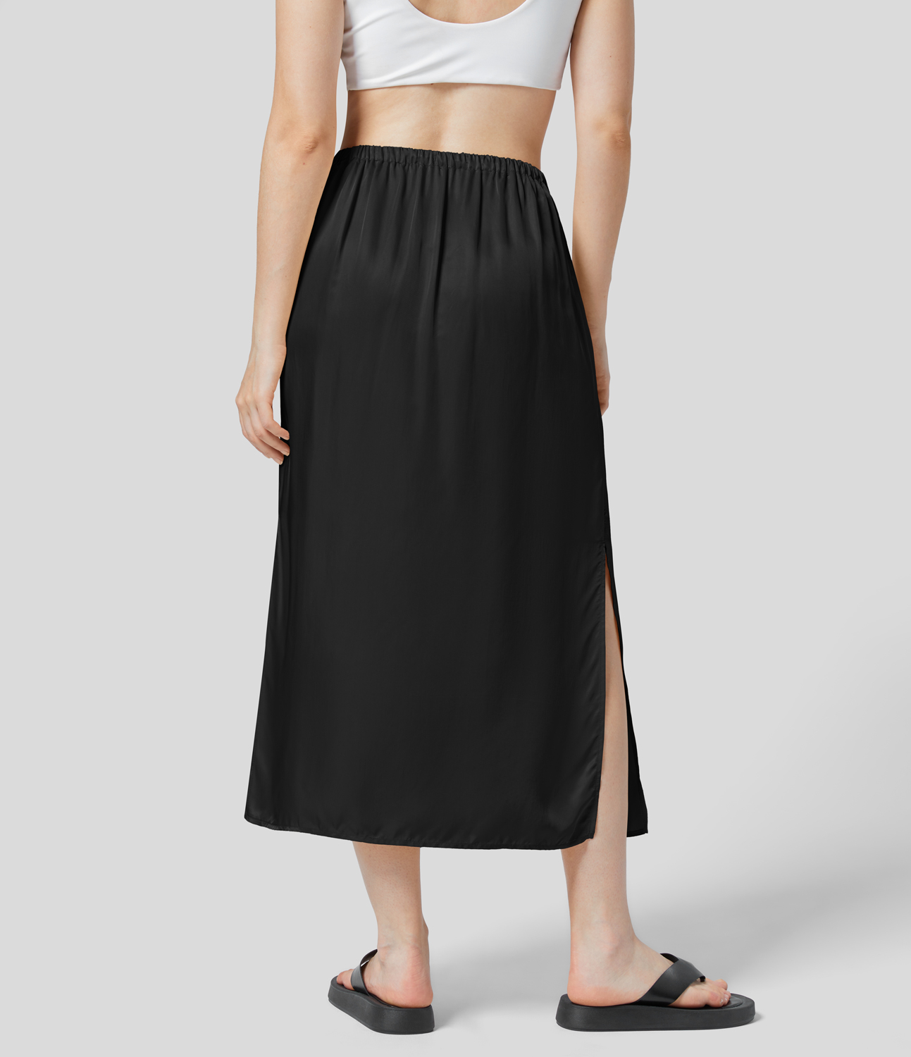 Halara Mid Rise Drawstring Side Pocket Split Midi Satin-Like Casual Skirt  - Black - M(regular) 