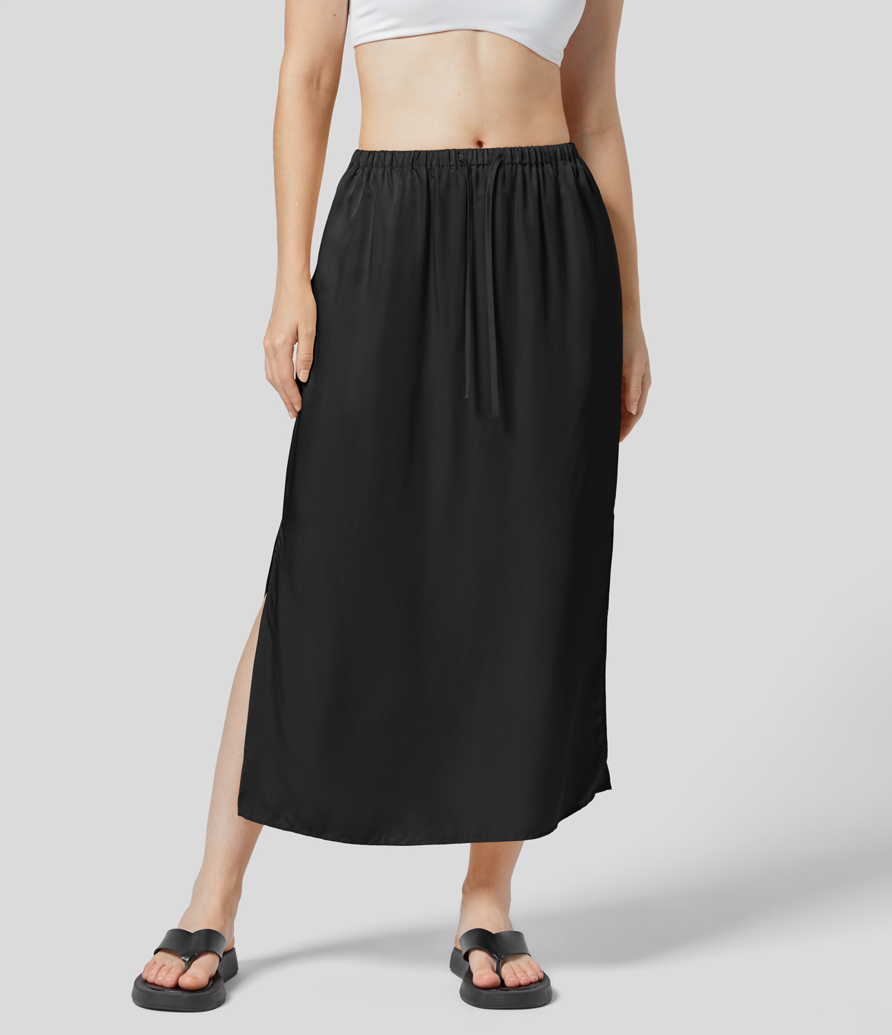 Halara Mid Rise Drawstring Side Pocket Split Midi Satin-Like Casual Skirt  - Black - M(regular) 
