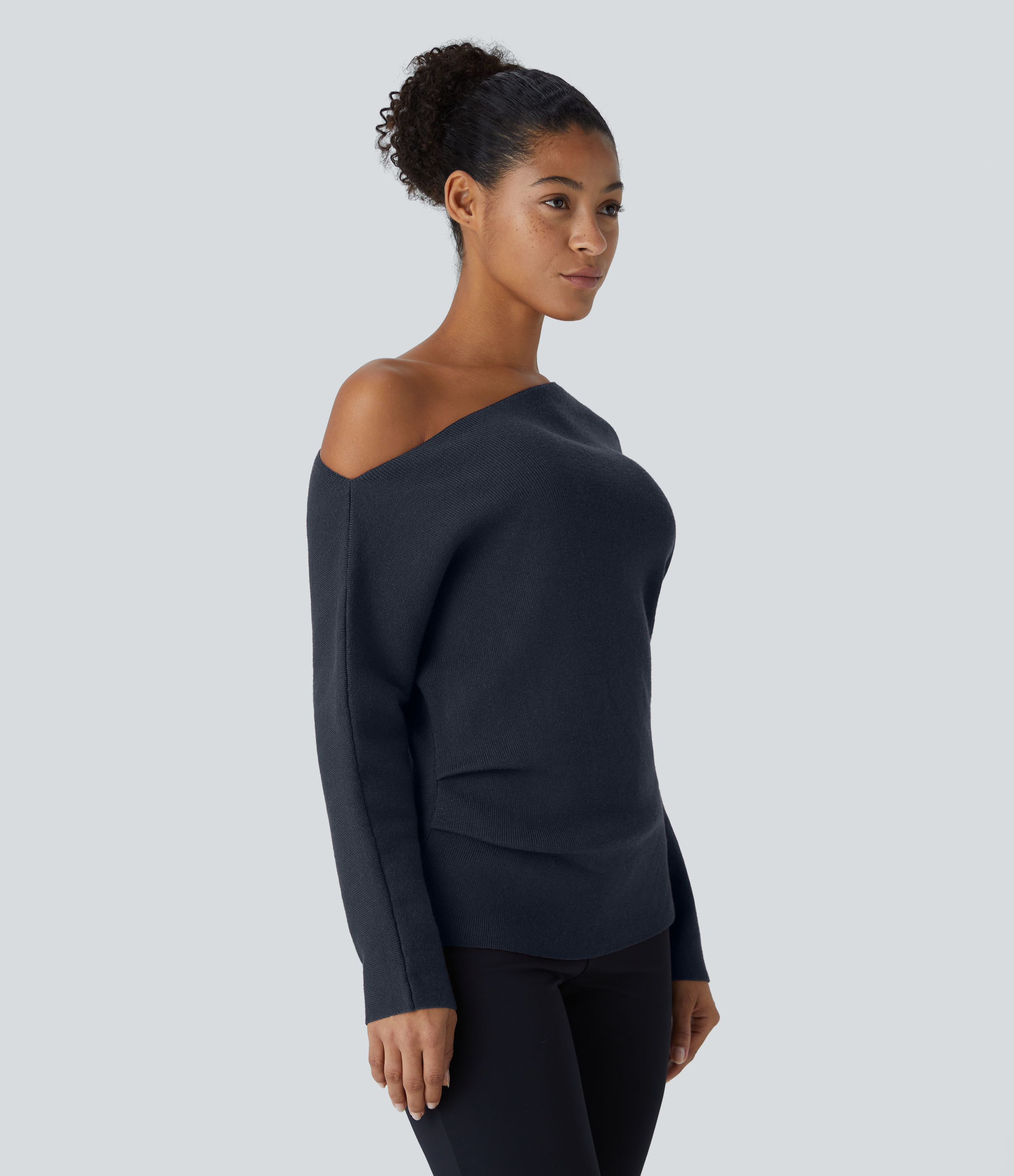 Halara Off Shoulder Long Sleeve Split Work Sweater  - Navy Blazer - S 