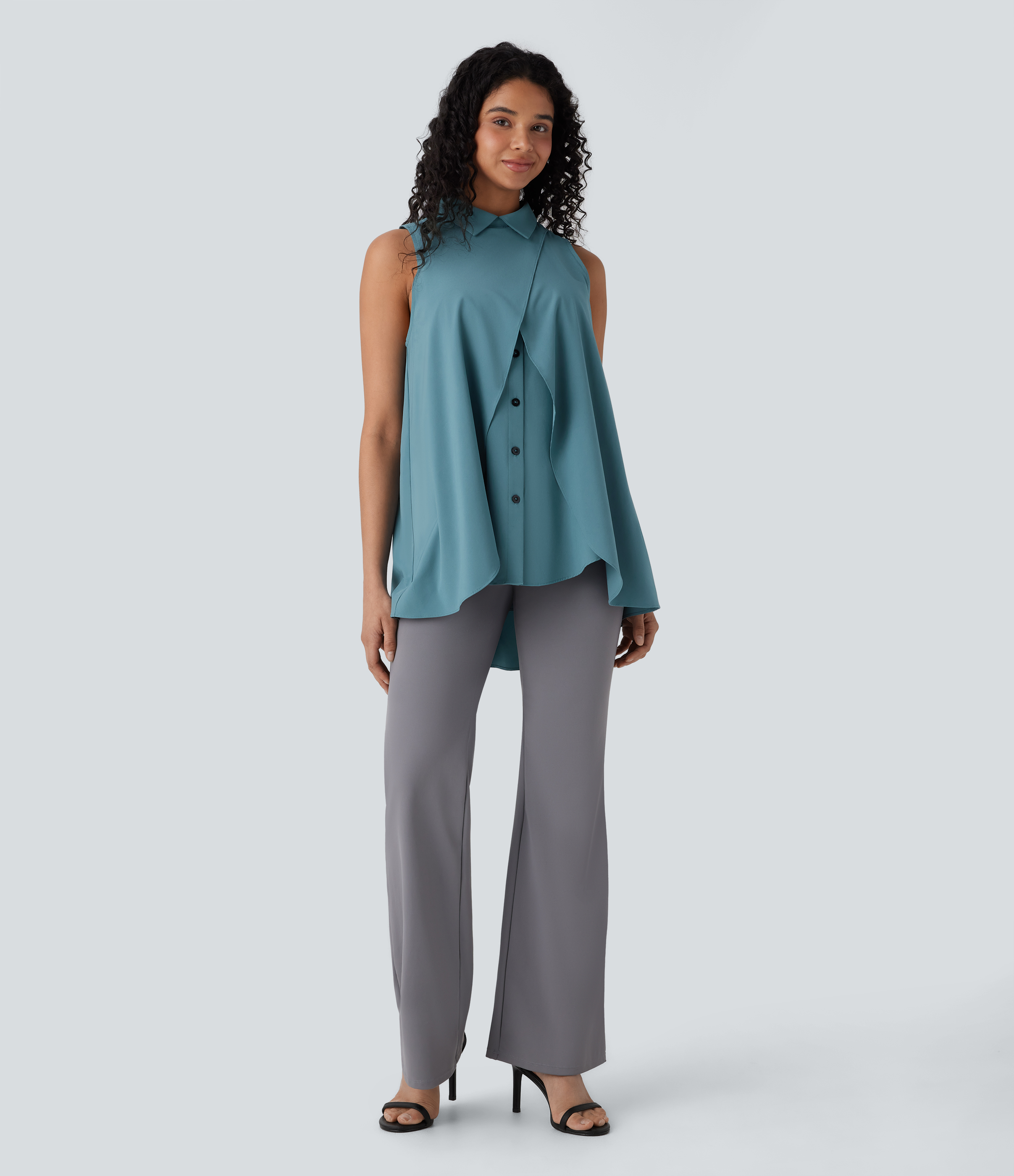 Halara Breezefulв„ў Collared Sleeveless Button Invisible Zipper Flowy Quick Dry Work Blouse  - Stone Blue - XL 