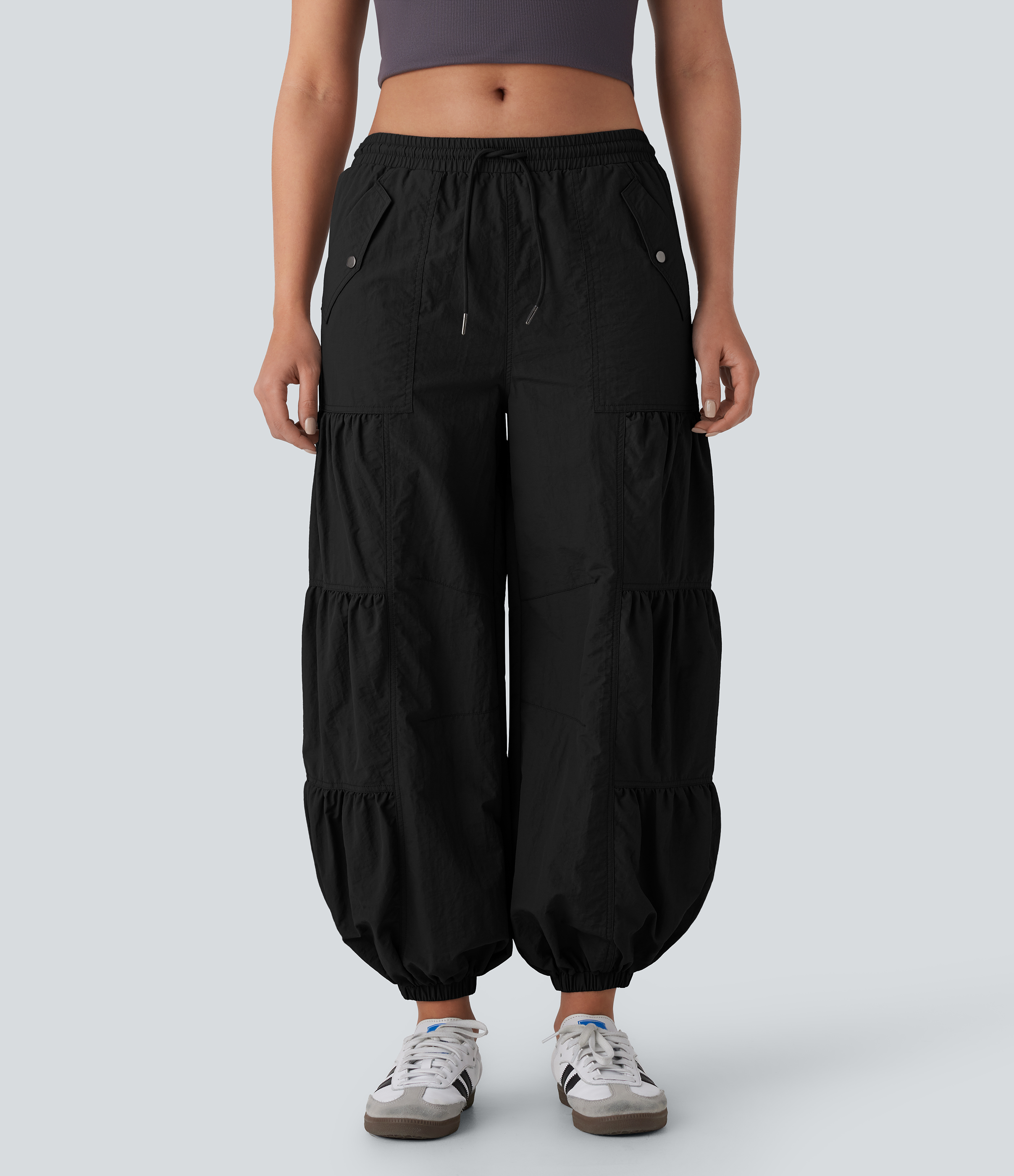 Halara Mid Rise Drawstring Side Pocket Ruched Parachute Casual Cargo Joggers  - Black - XS(regular) 