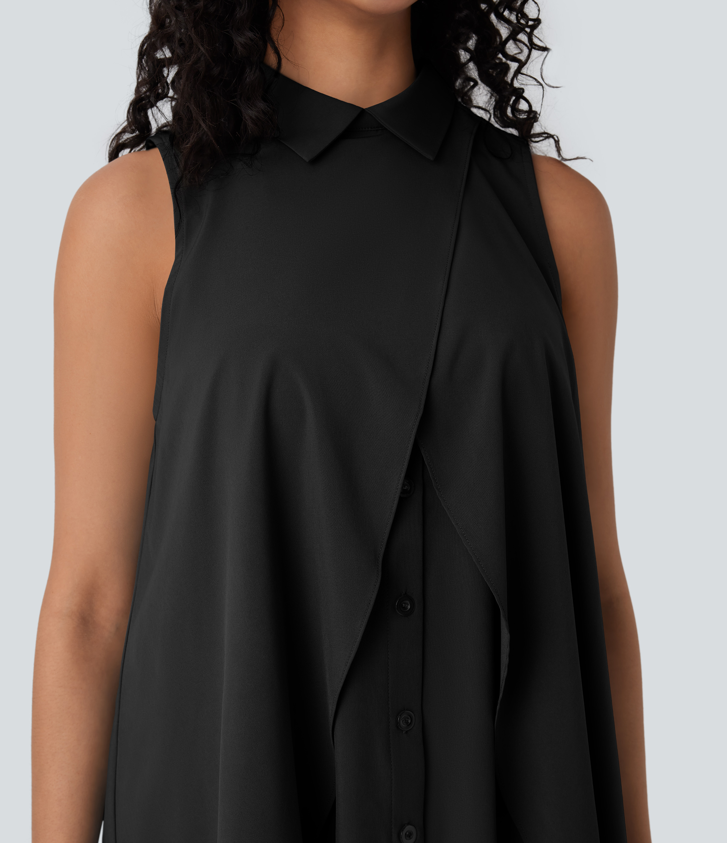 Halara Breezefulв„ў Collared Sleeveless Button Invisible Zipper Flowy Quick Dry Work Blouse  - Black - L 