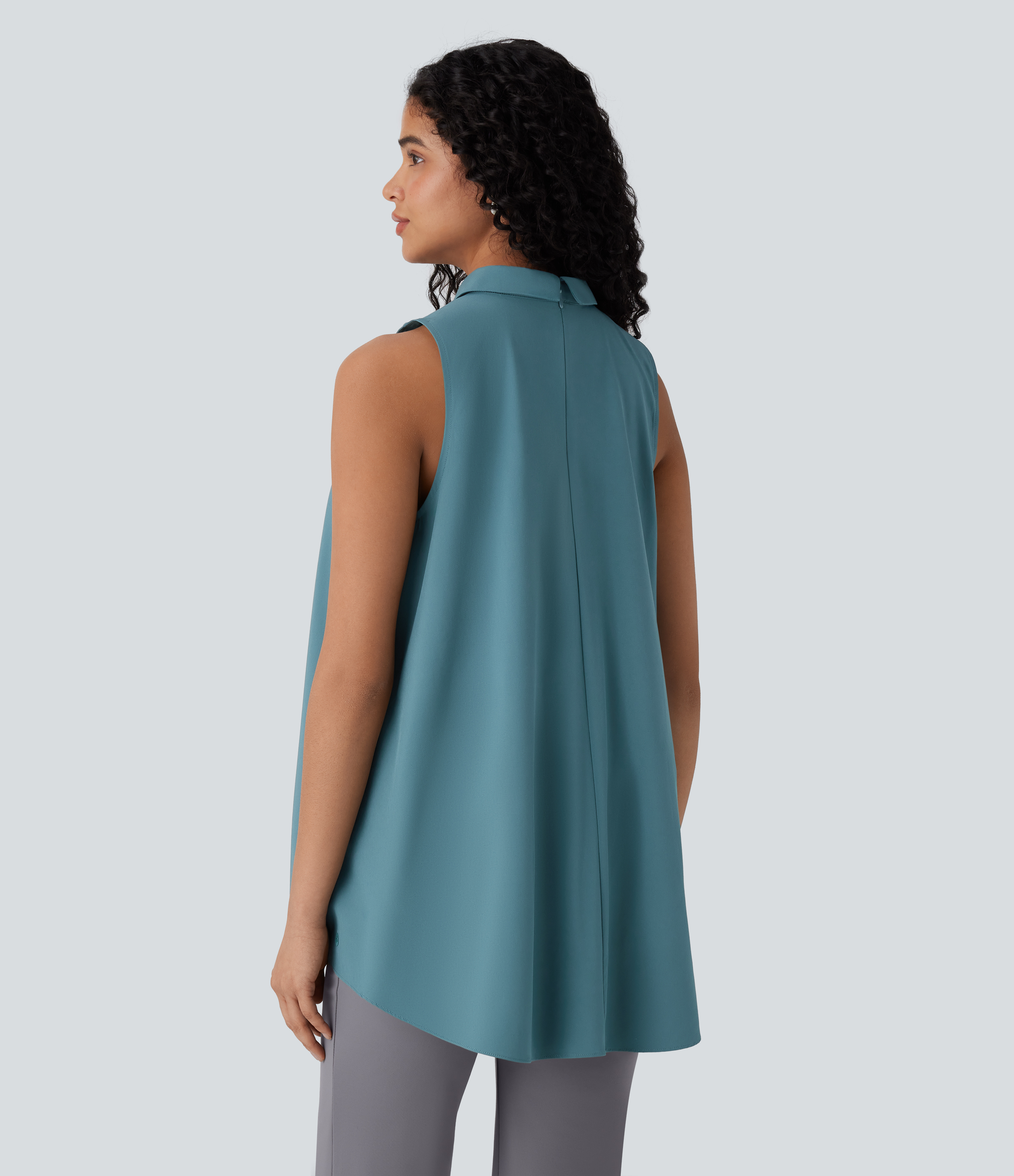 Halara Breezefulв„ў Collared Sleeveless Button Invisible Zipper Flowy Quick Dry Work Blouse  - Stone Blue - XL 