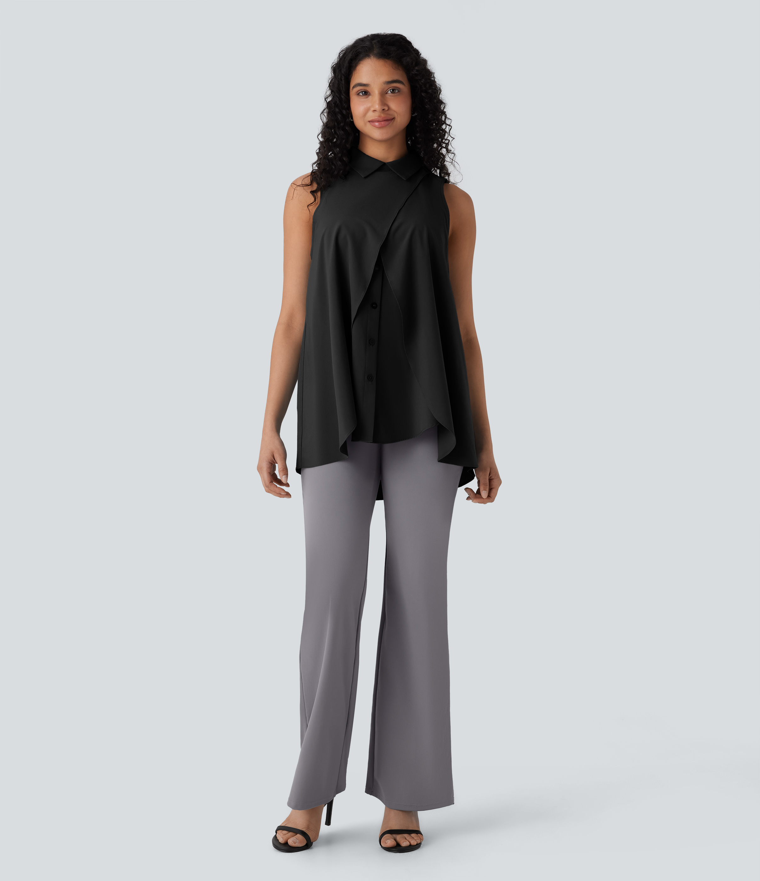 Halara Breezefulв„ў Collared Sleeveless Button Invisible Zipper Flowy Quick Dry Work Blouse  - Black - L 