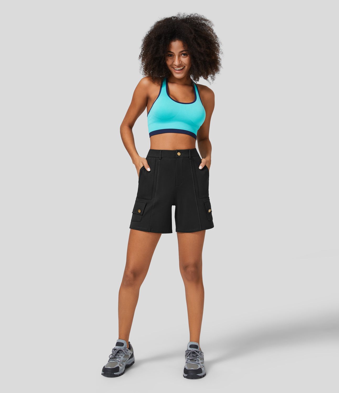 Halara High Waisted Button Zipper Multiple Pockets Cargo Shorts Gym Short - Black - L booty shorts compression shorts yoga shorts 