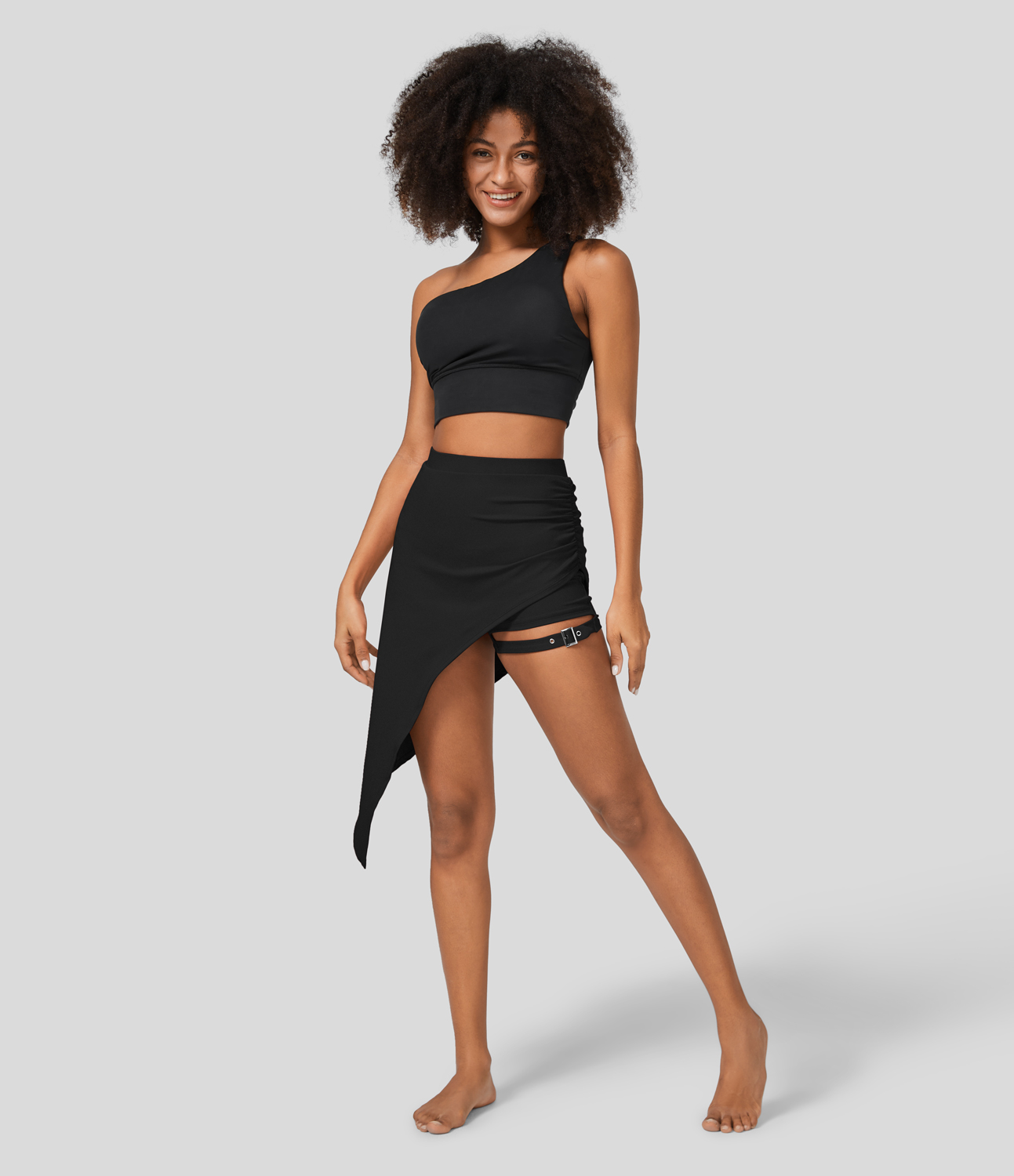 Halara High Waisted Ruched Adjustable Buckle 2-in-1 Side Pocket High Low Dance Skirt  - Black - XL(regular) midi skirt a line skirt 