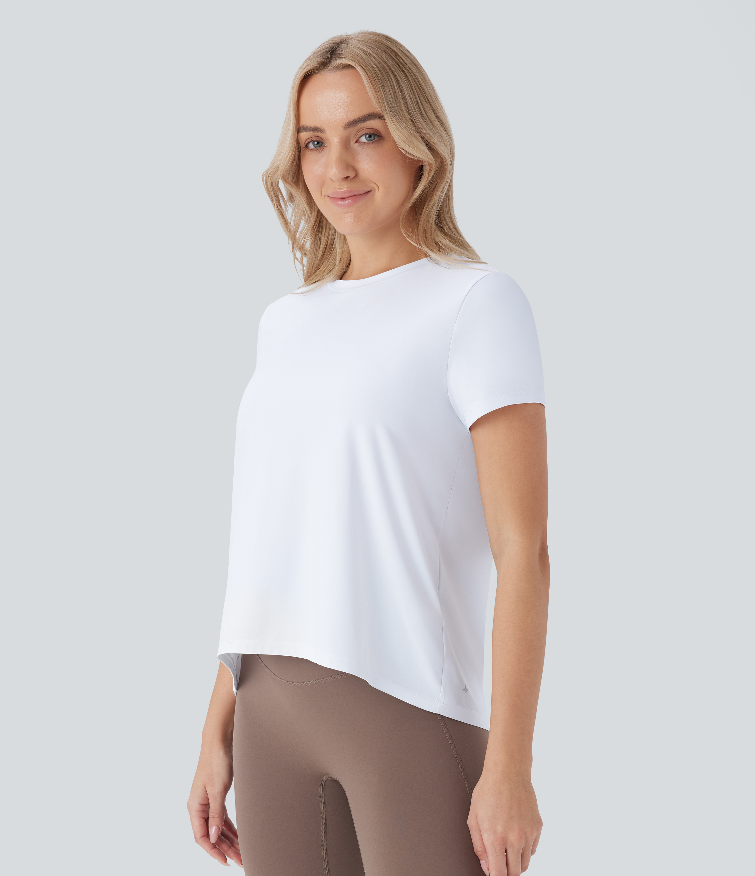 Halara Round Neck Short Sleeve High Low Yoga Sports Top  - White - S 