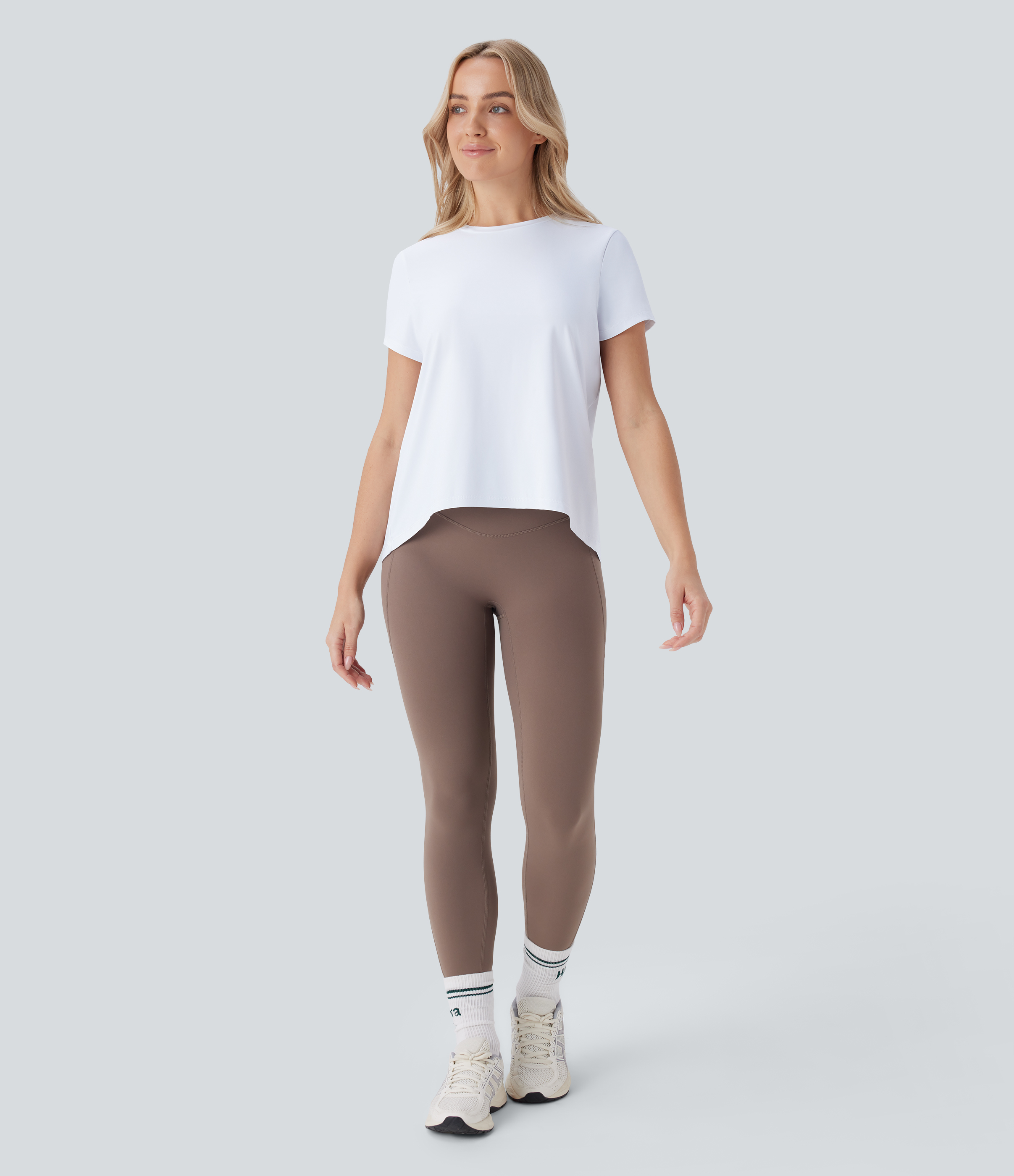 Halara Round Neck Short Sleeve High Low Yoga Sports Top  - White - S 