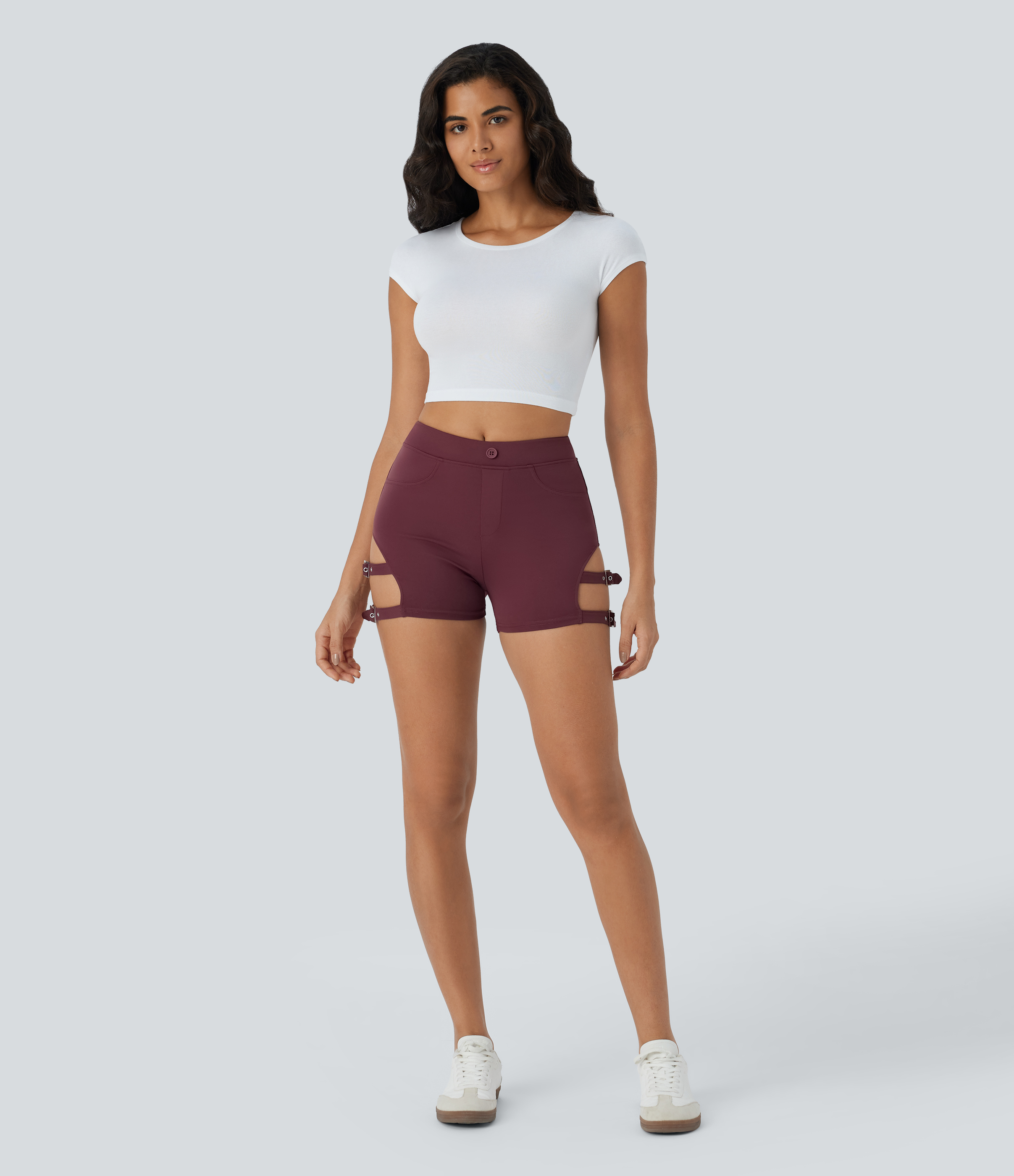 Halara High Waisted Adjustable Buckle Casual Biker Shorts 3``  - Red Mahogany - XS biker shorts women black biker shorts womens biker shorts 
