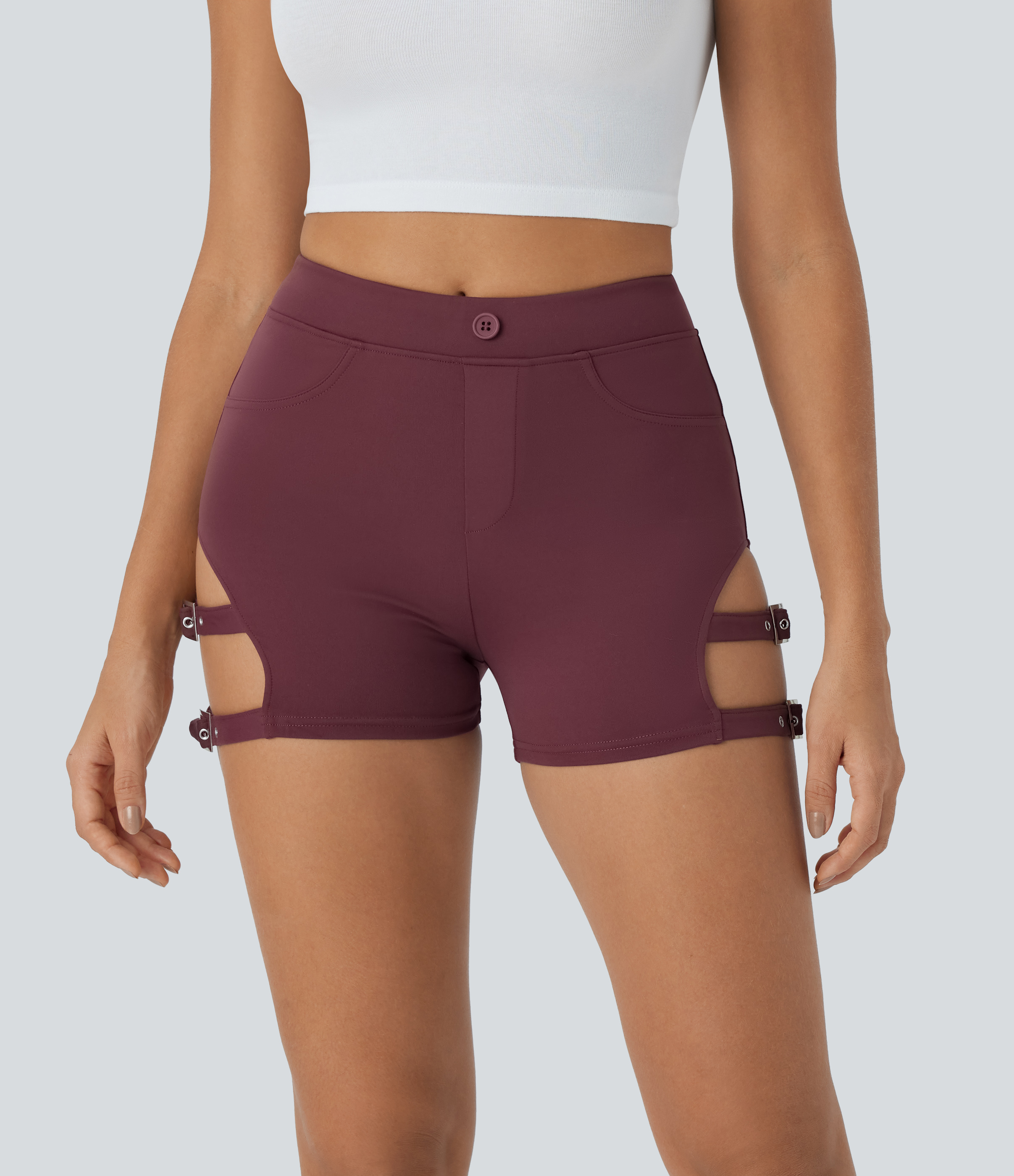 Halara High Waisted Adjustable Buckle Casual Biker Shorts 3``  - Red Mahogany - XS biker shorts women black biker shorts womens biker shorts 