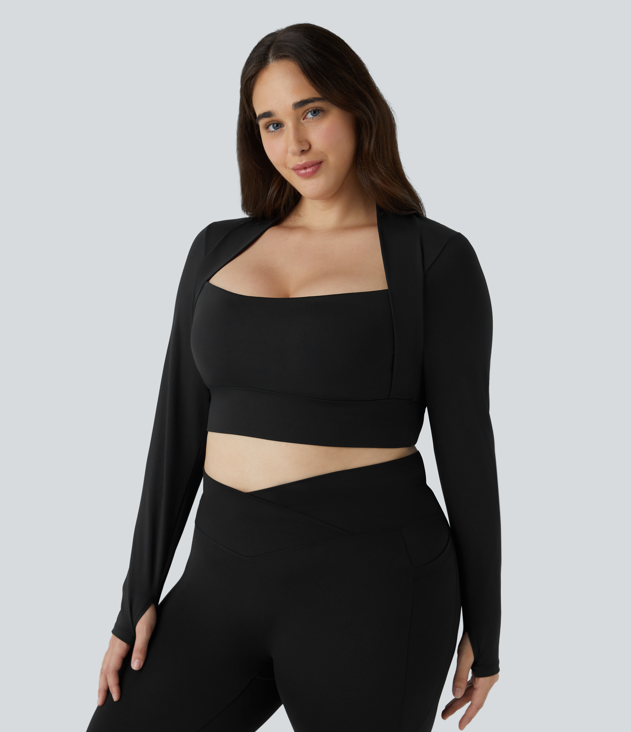 Halara Softlyzeroв„ў Plush Long Sleeve Thumb Hole Cropped Plus Size Yoga Sports Top  - Black - 3X 