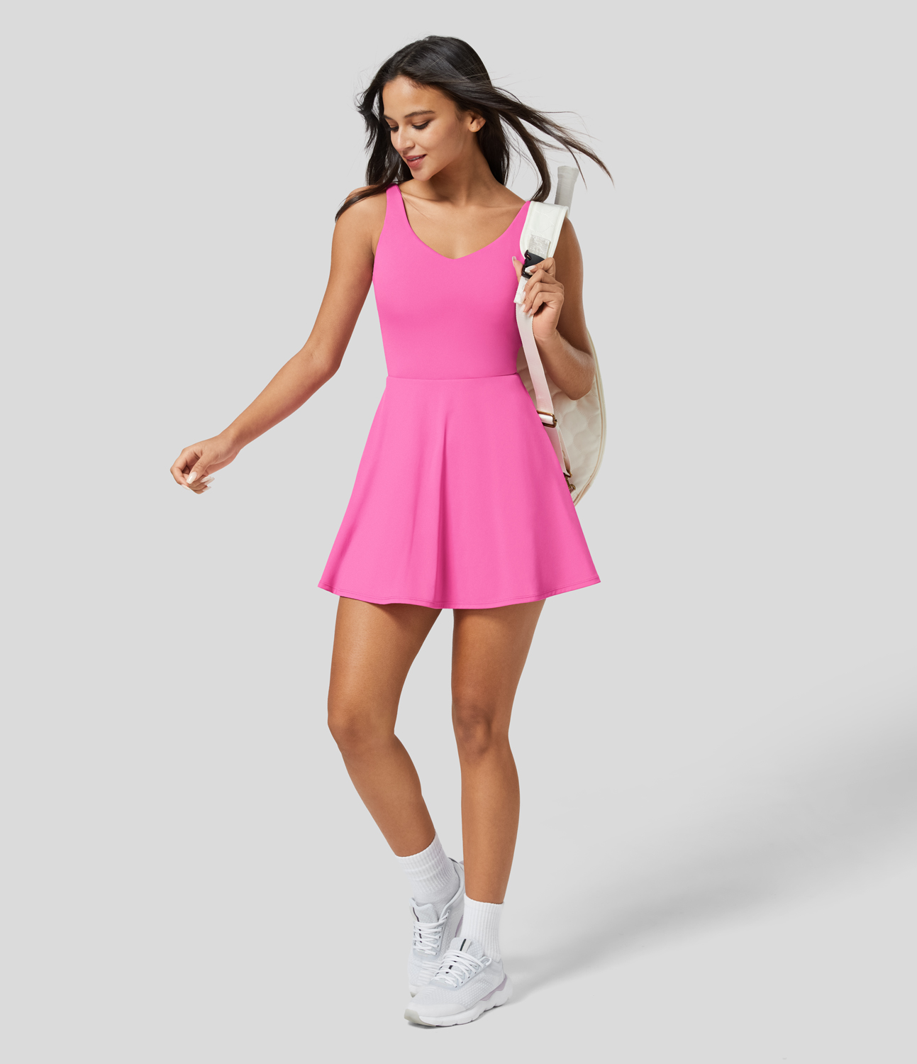 Halara Backless Twisted Cut Out 2-in-1 Pocket Quick Dry Flare Mini Tank Tennis Active Dress Workout Dress - Gorgeous Powder Pink - XS 