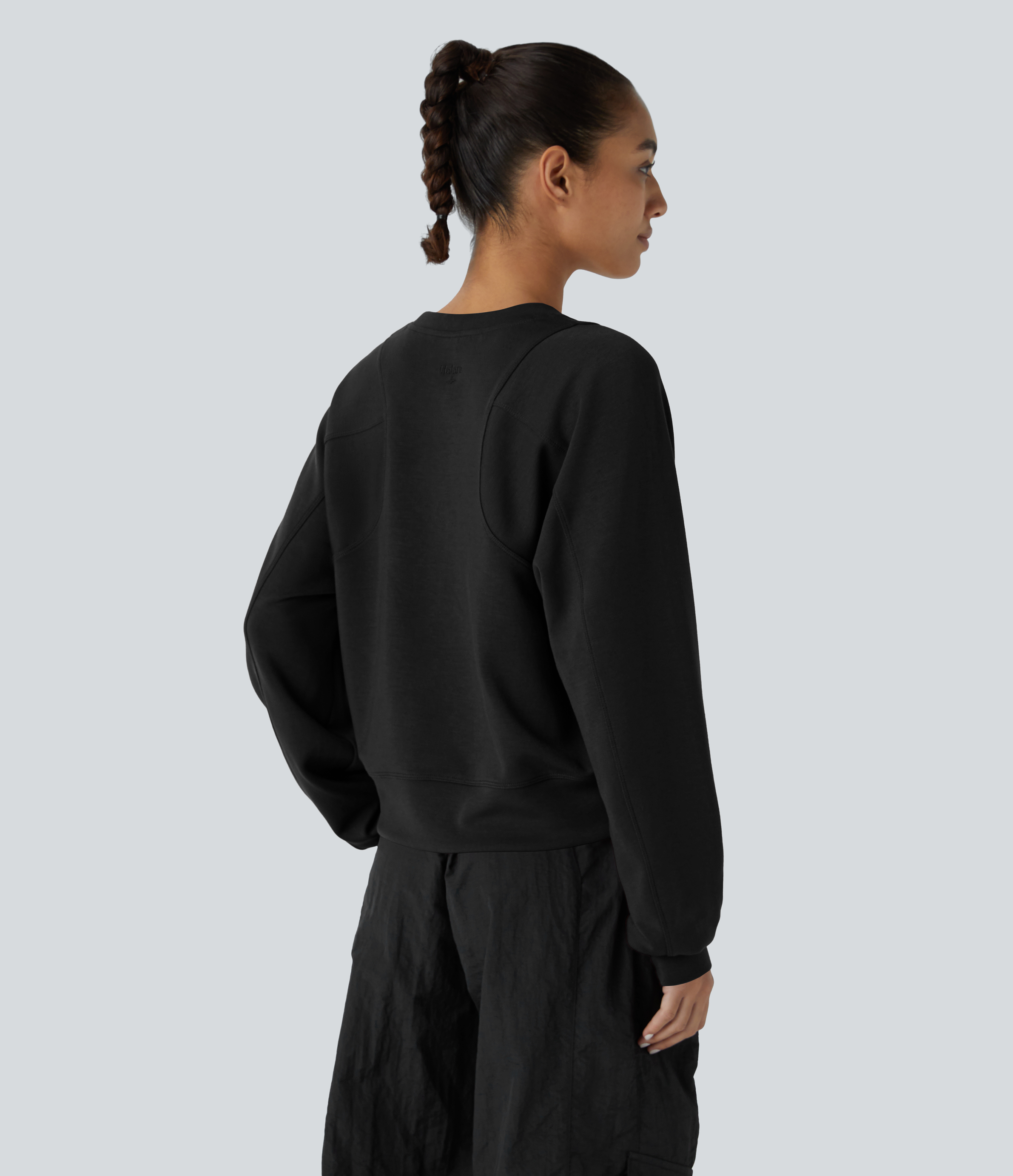 Halara Round Neck Raglan Sleeve Solid Casual Sweatshirt  - Black - XL 